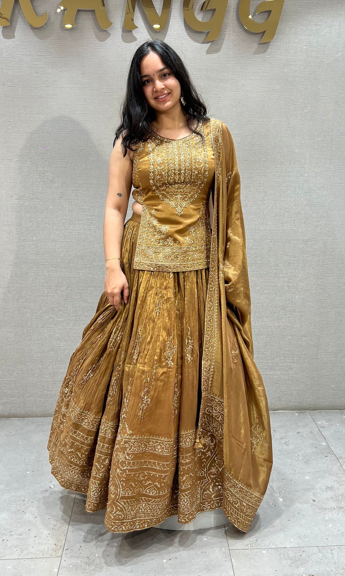 Brown Golden Tissue silk Lehenga Set