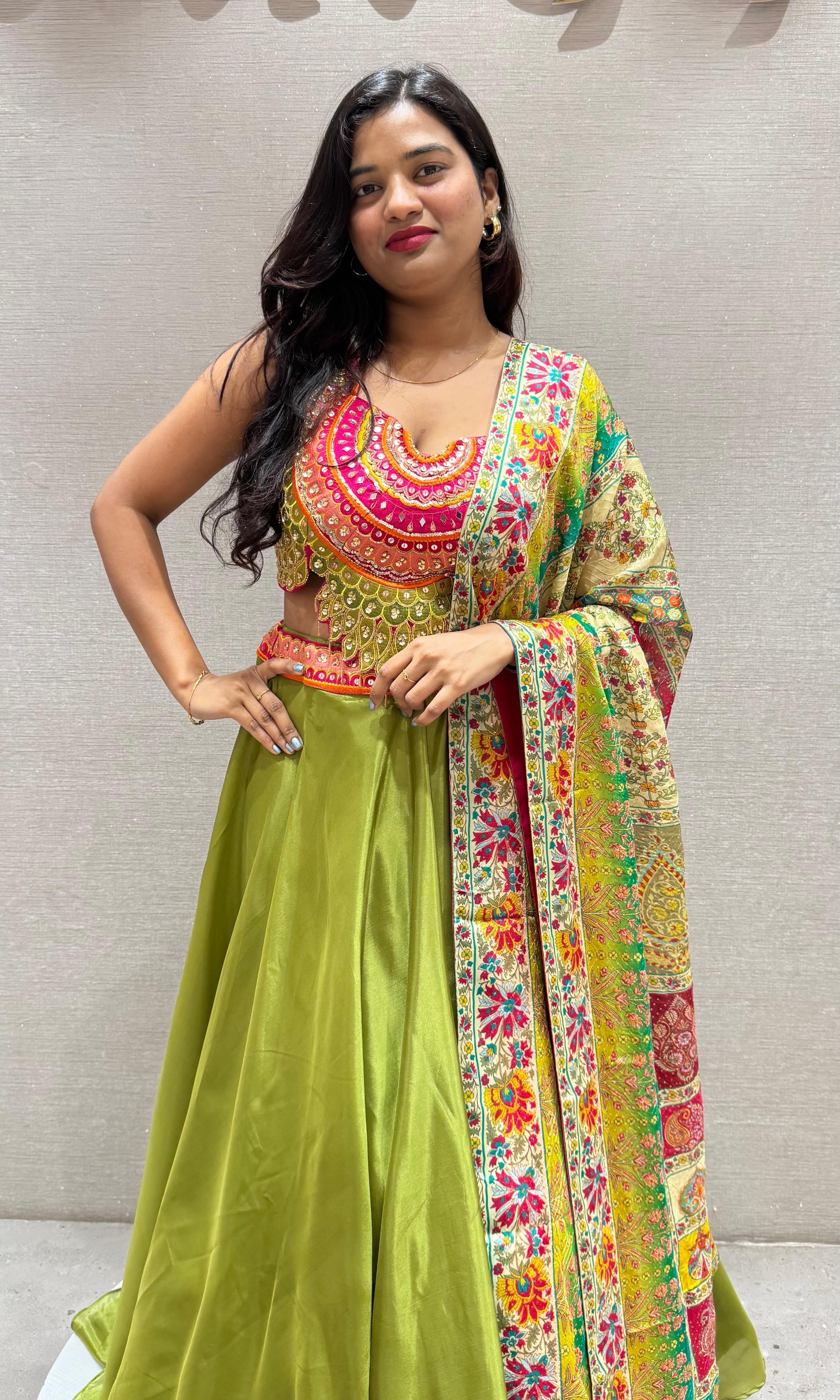 Green Lehenga WITH MULTI COLOUR DUPATTA
