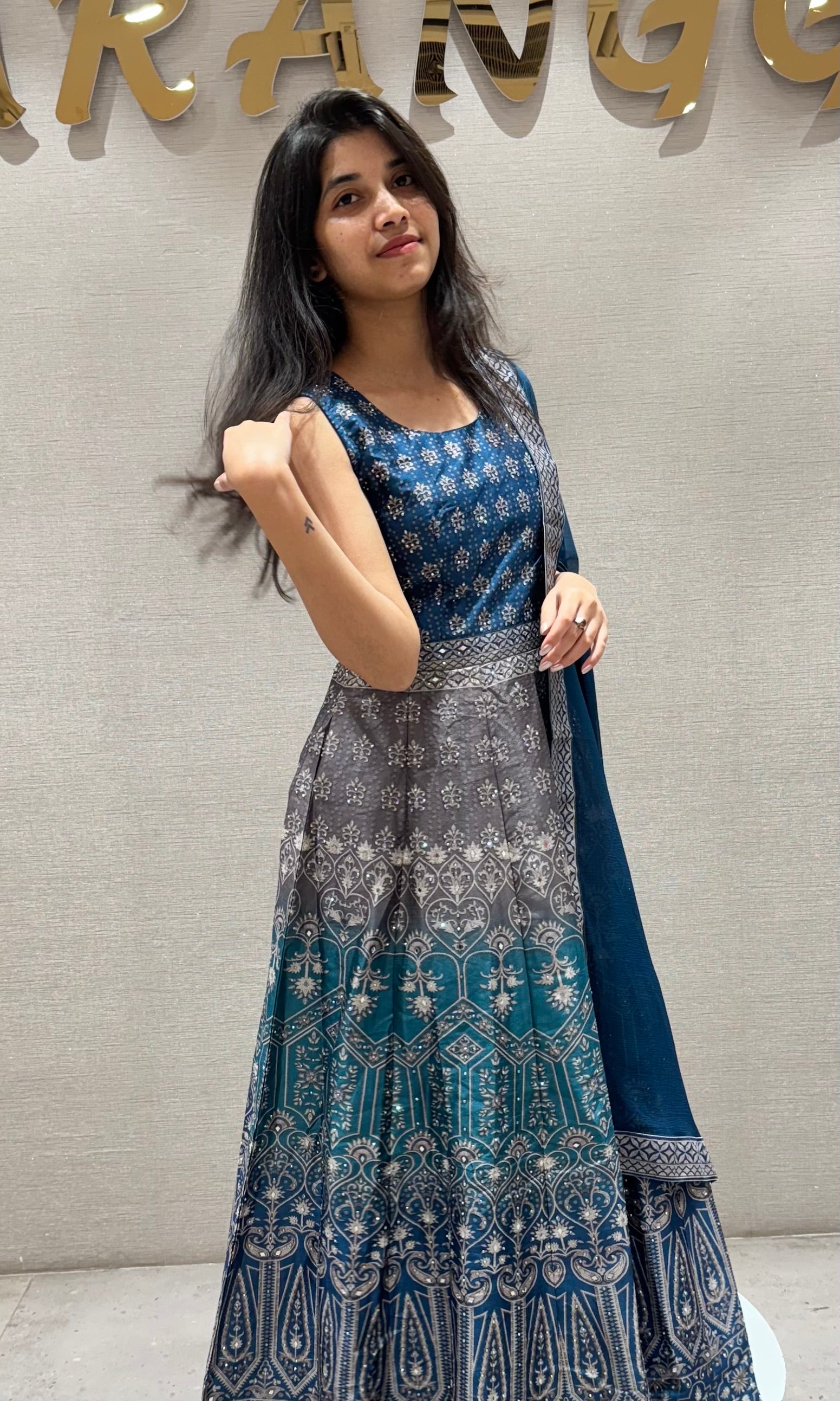 blue and grey embroidered anarkali