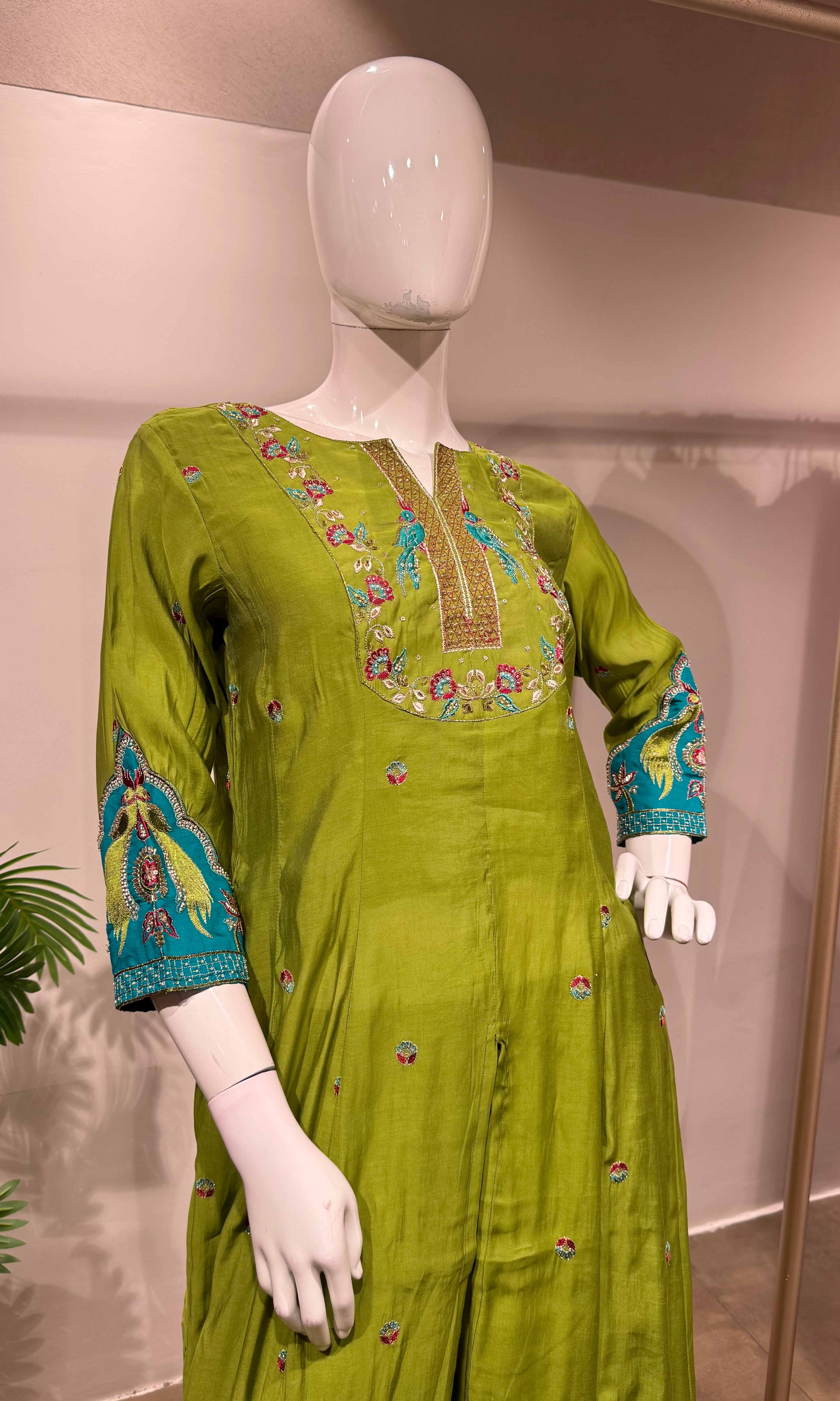 Green embroidered anarkali with palazzo pants