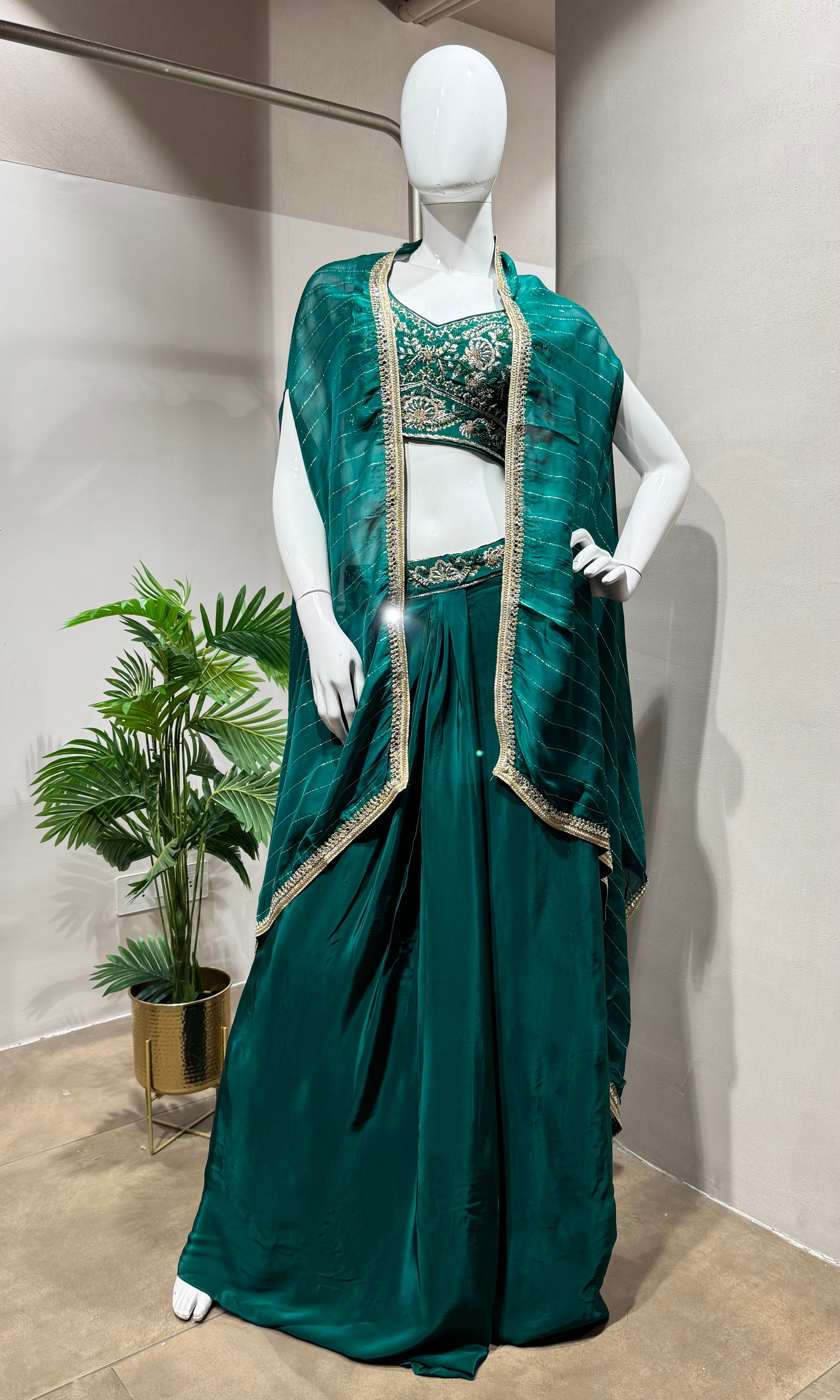 Green Embroidered Blouse Drape Skirt Set