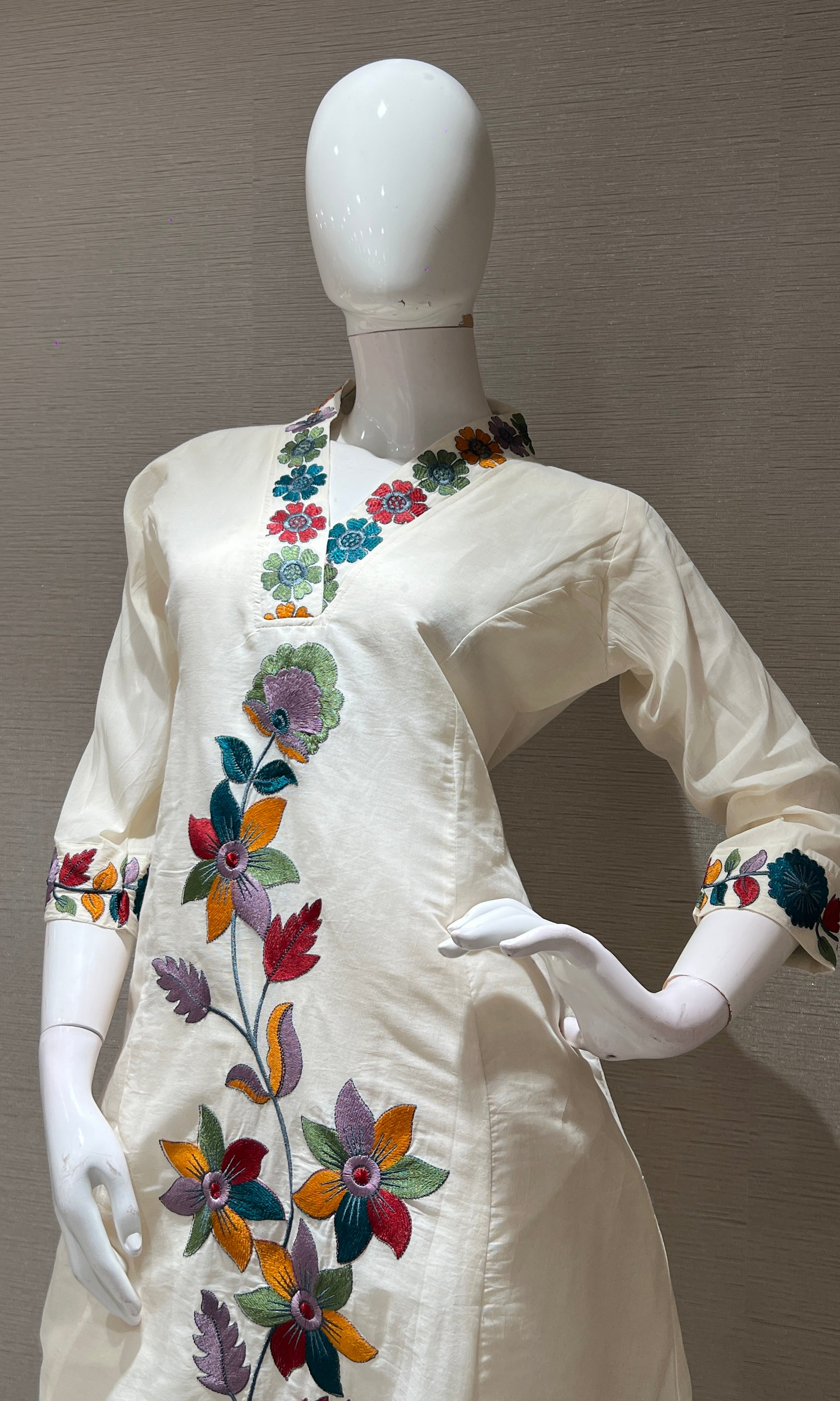 Cream floral patch work kurta set