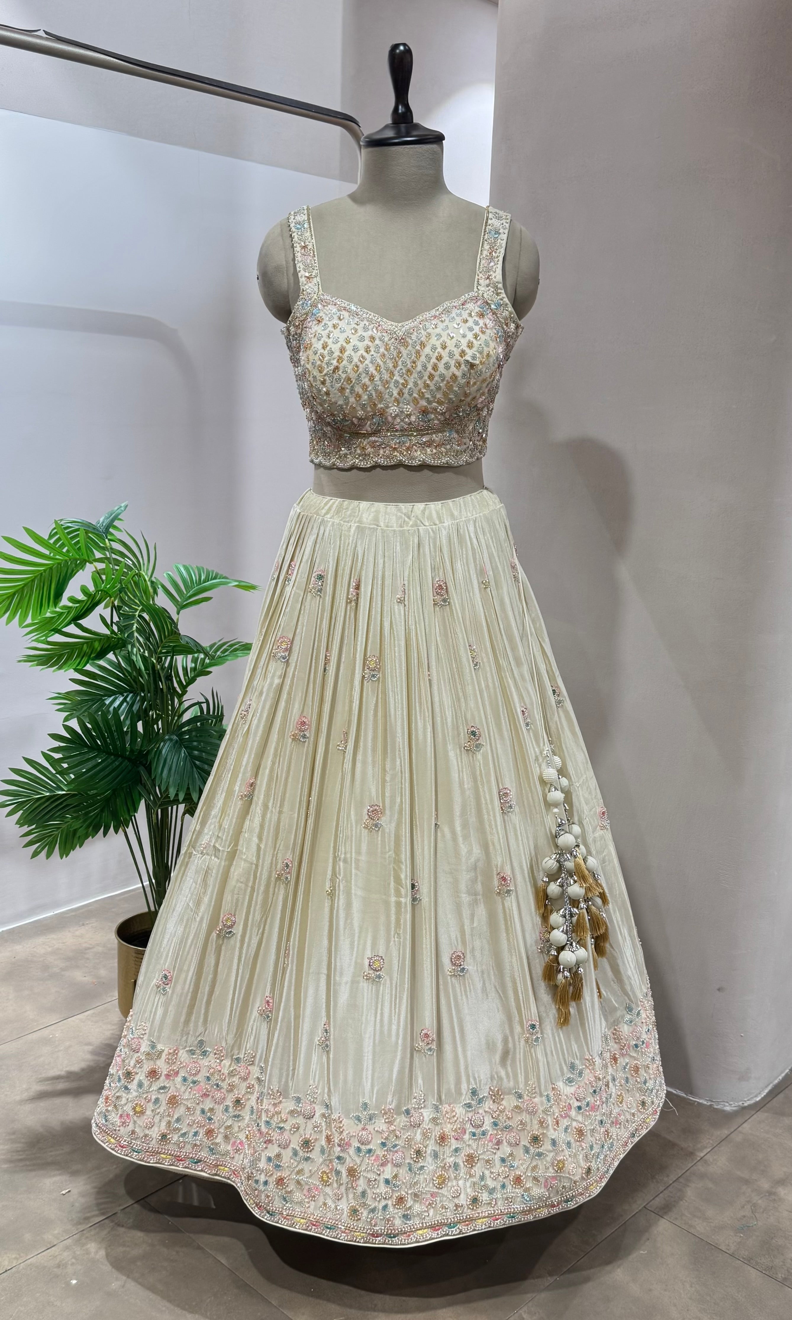 Cream FLORAL INTRICATE EMBROIDERY LEHENGA