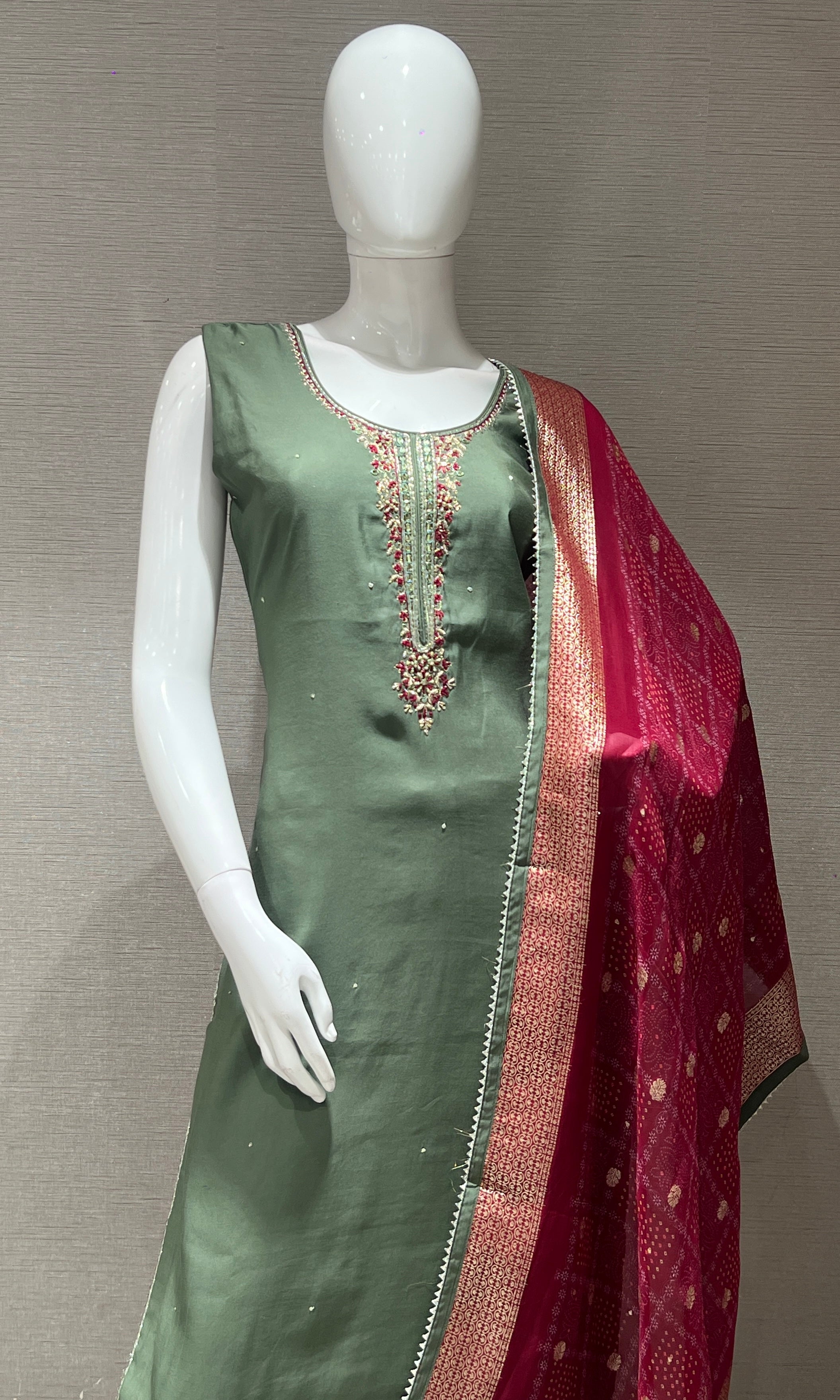 Green Embroidered Kurta Set with Woven Dupatta