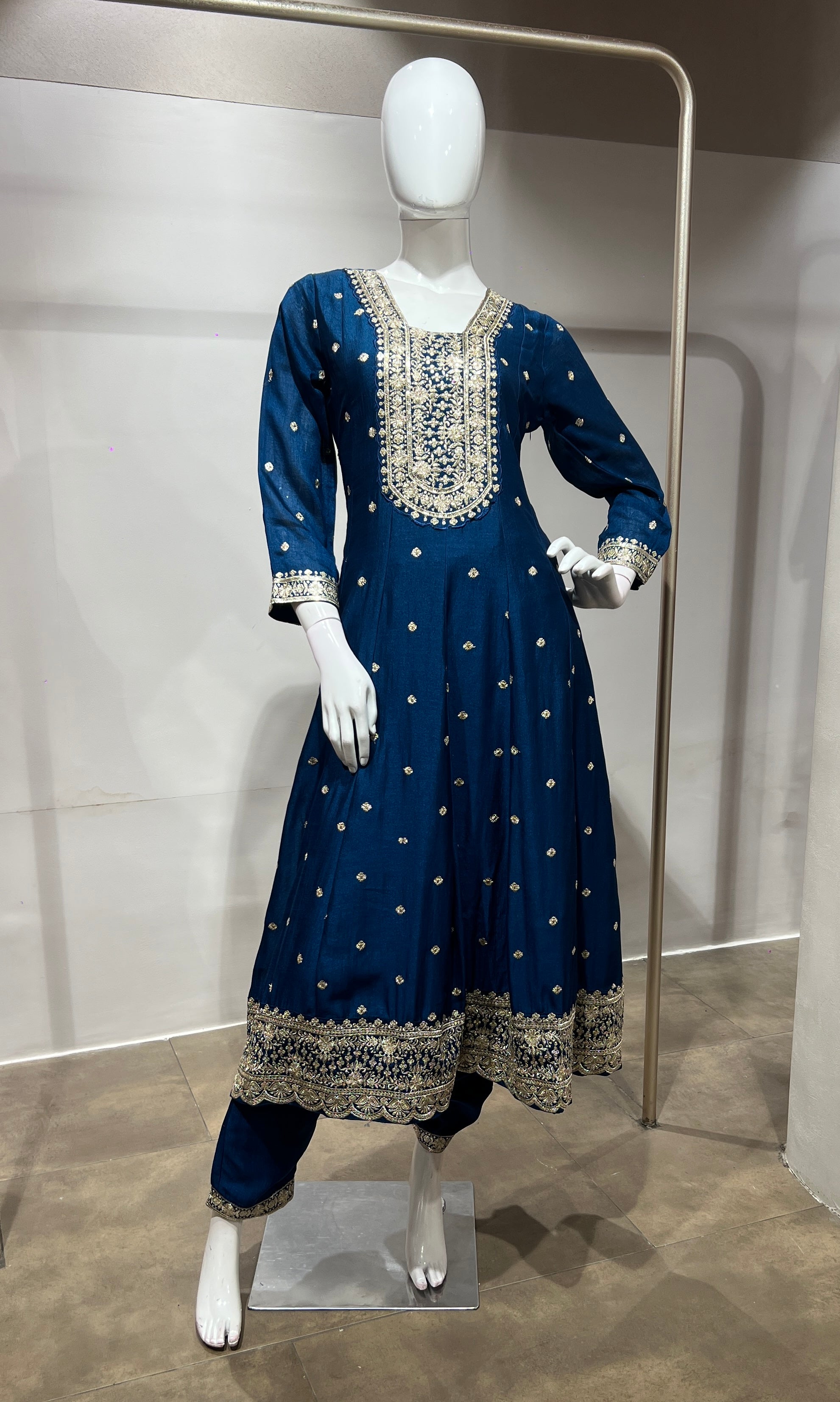 Blue gold embroidered Anarkali set