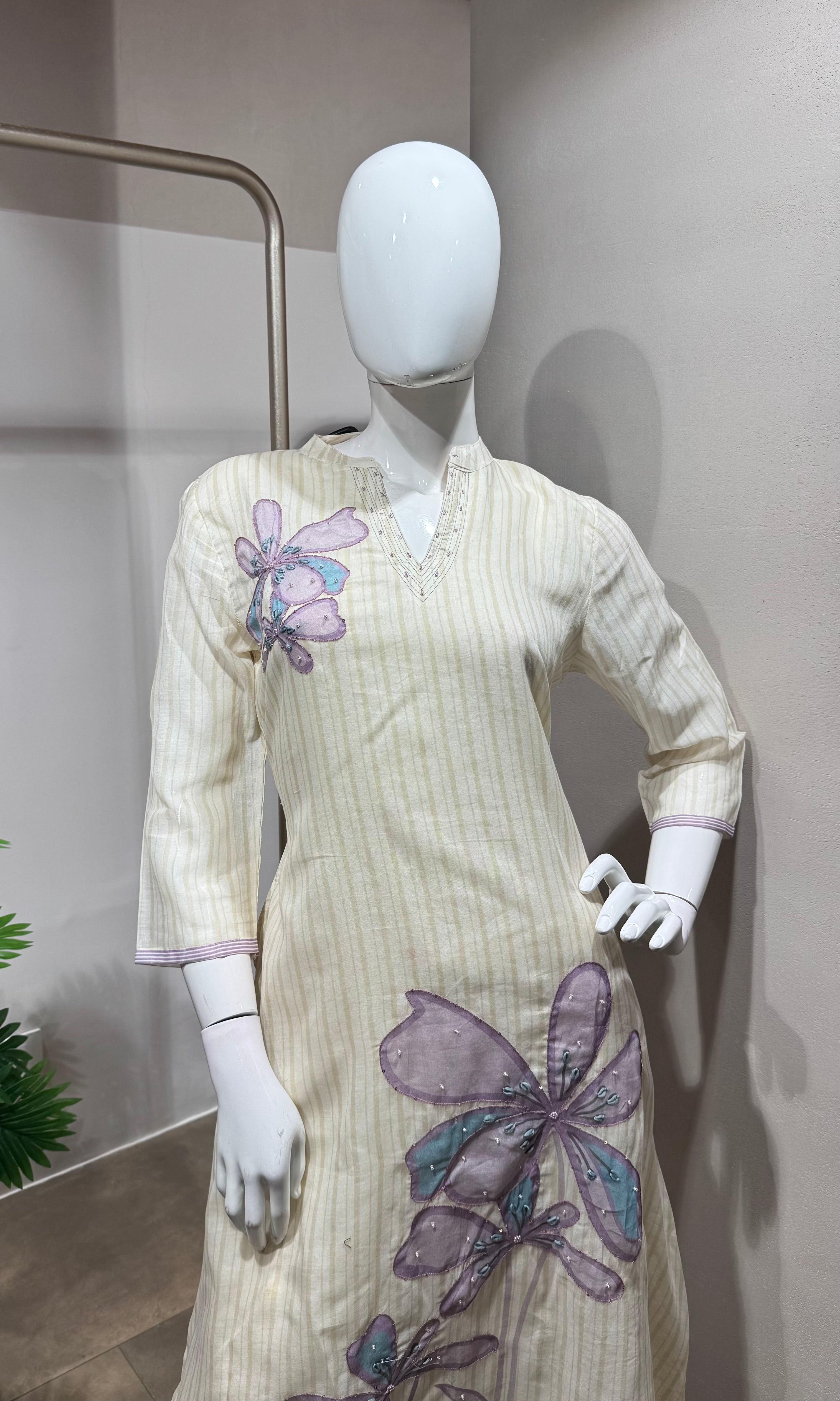 cream Lavender Motif Kurta with bottom