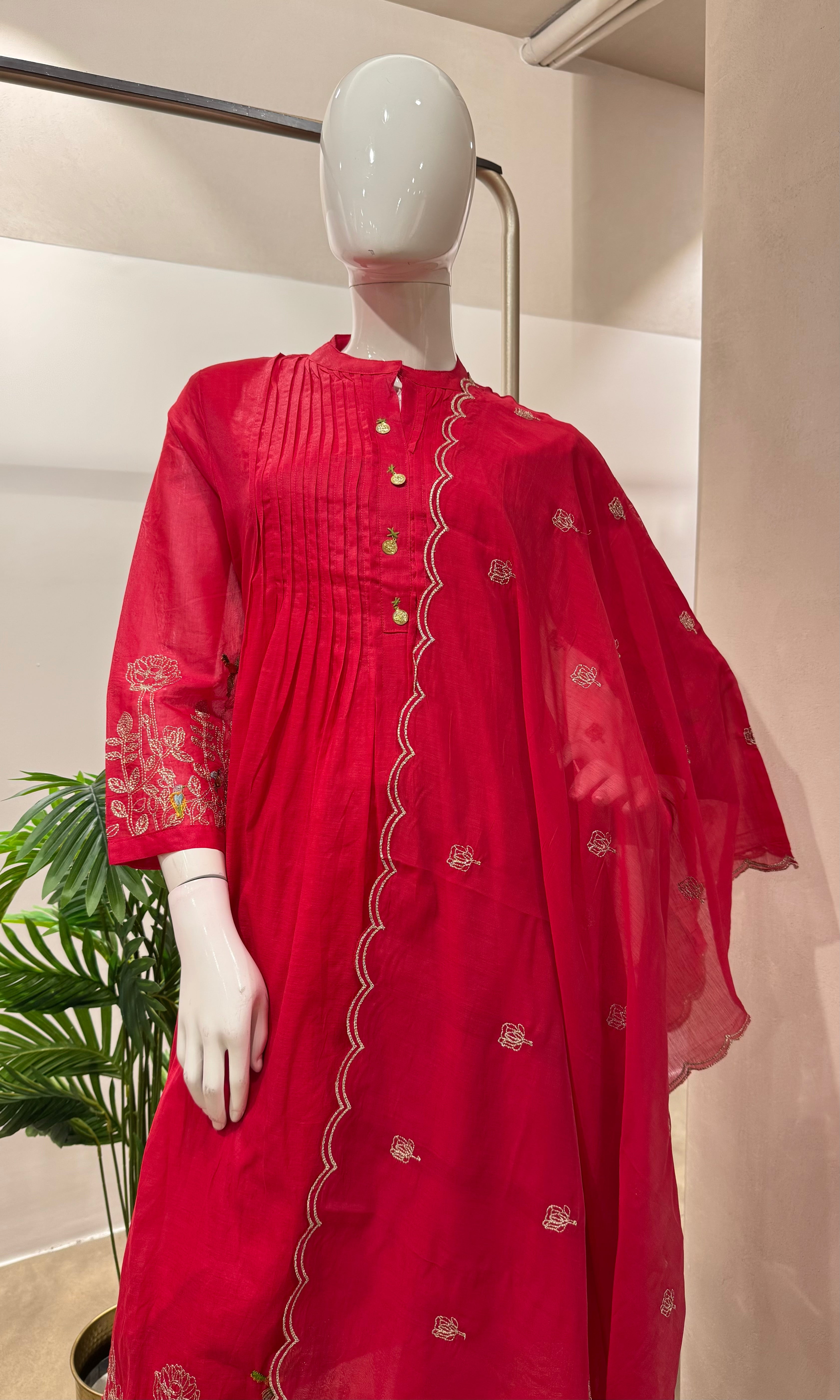 PINK FLORAL MUL CHANDERI KURTA SET