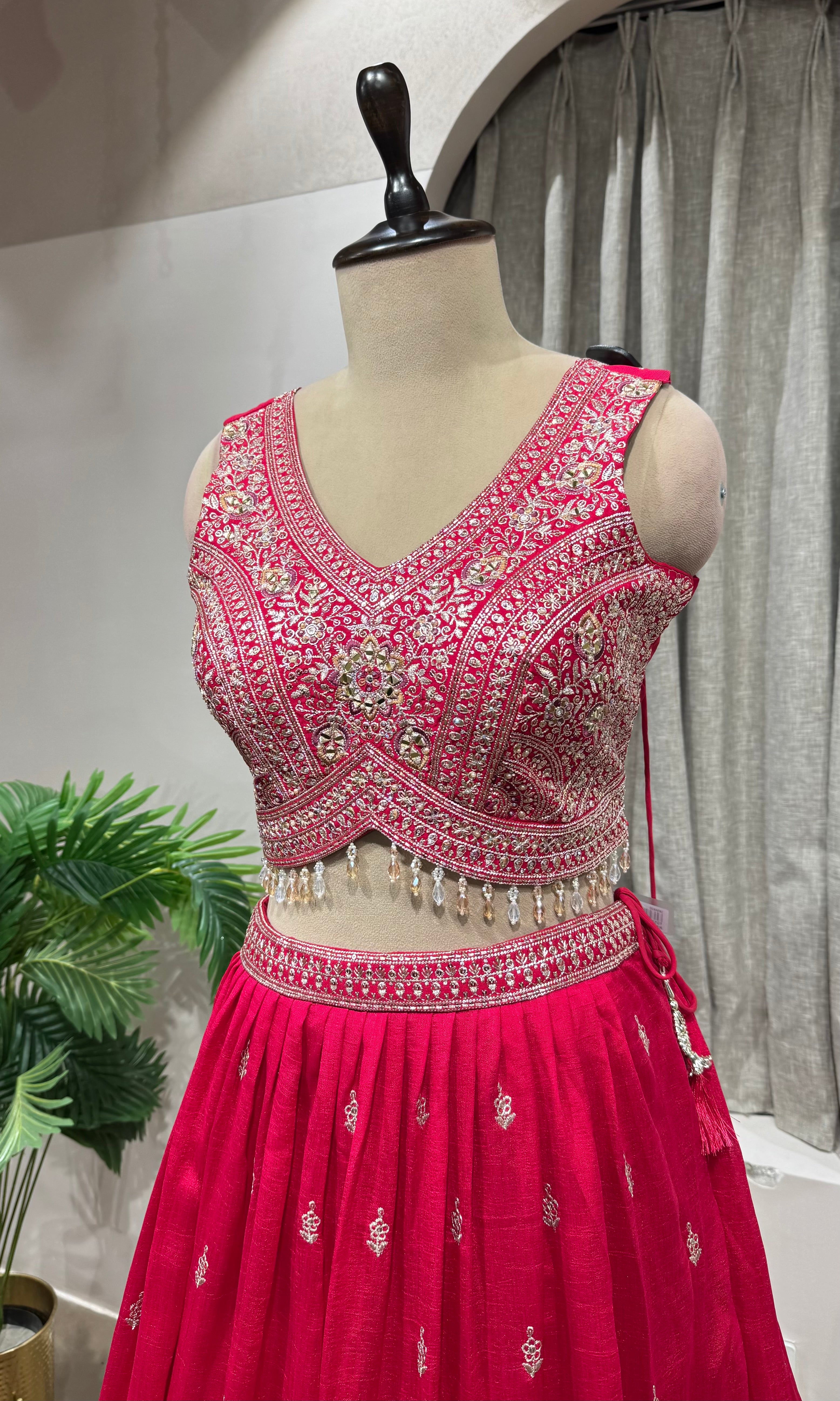 pink raw silk embroidered lehenga set