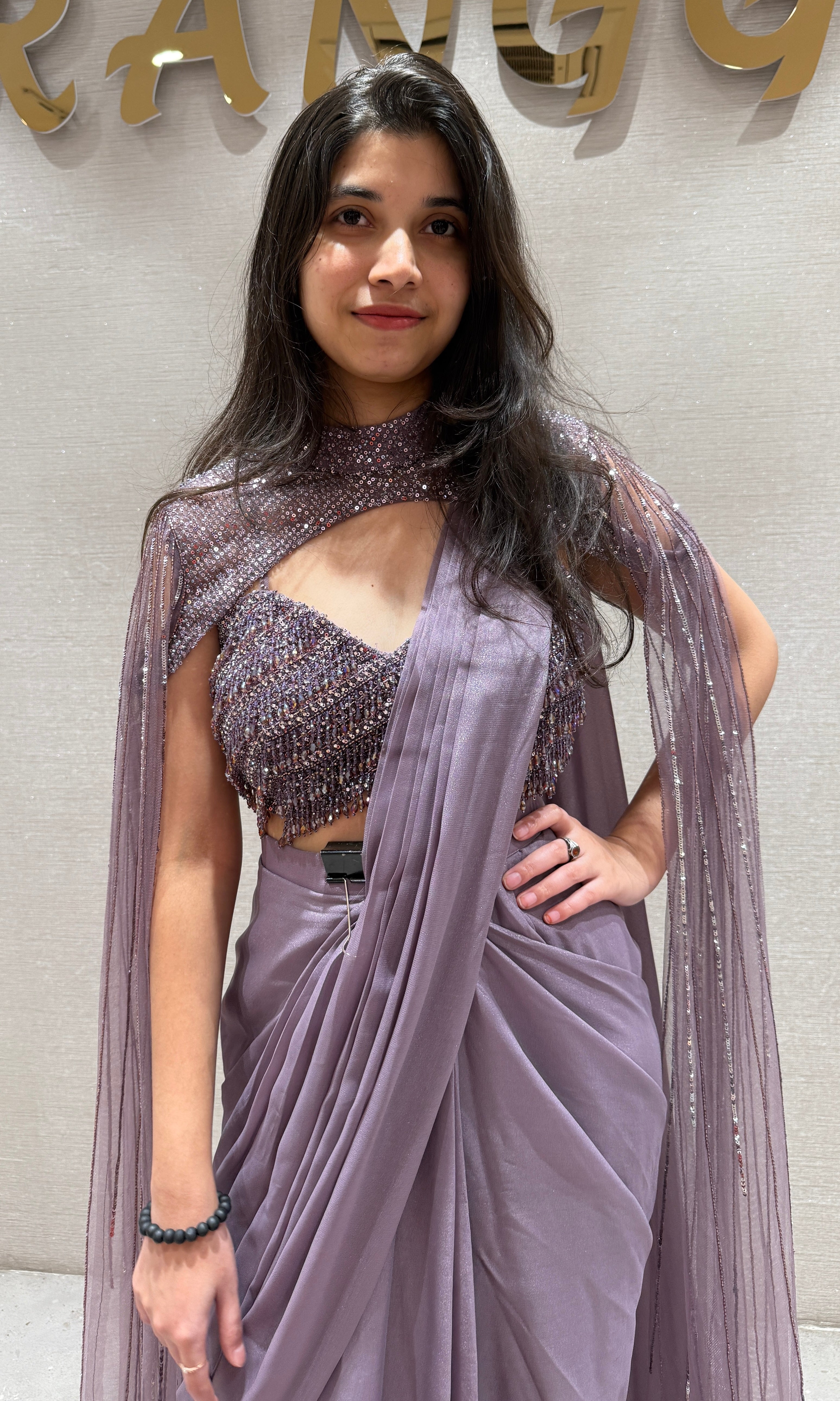Lilac Sequin Draped Sareee with cape