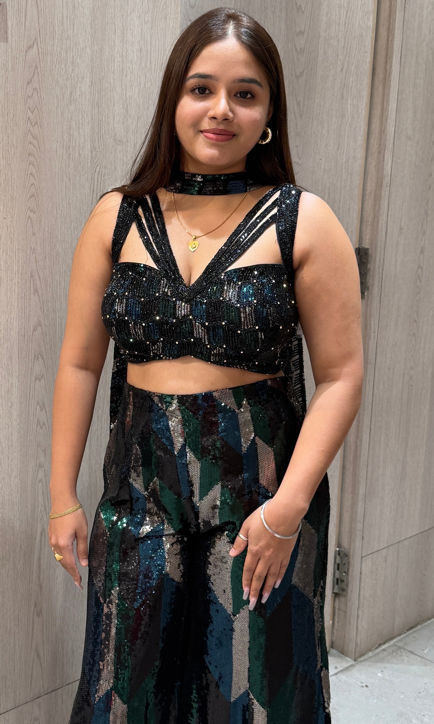Black palazzo with designer blouse