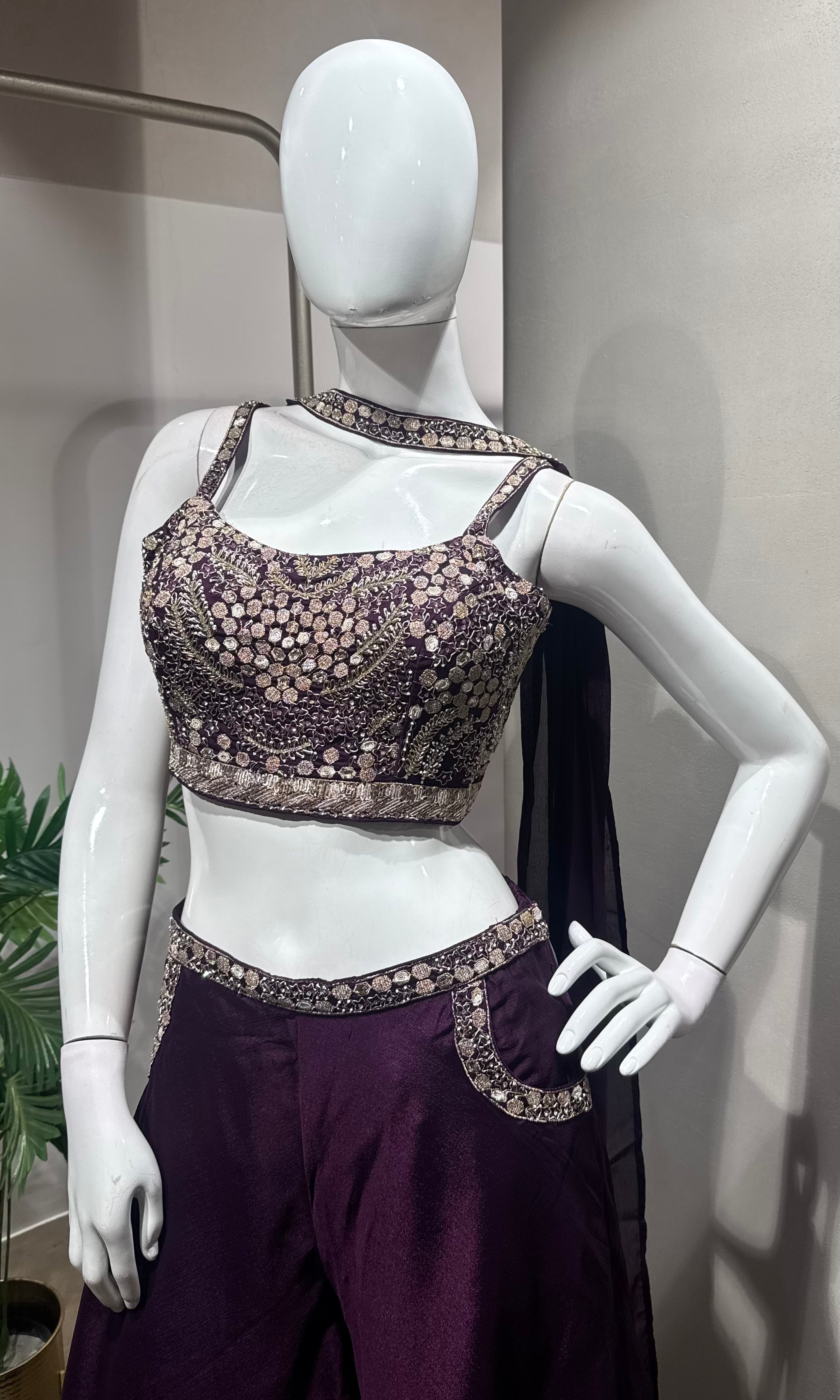 Wine Georgette Crop Top & Palazzo Set