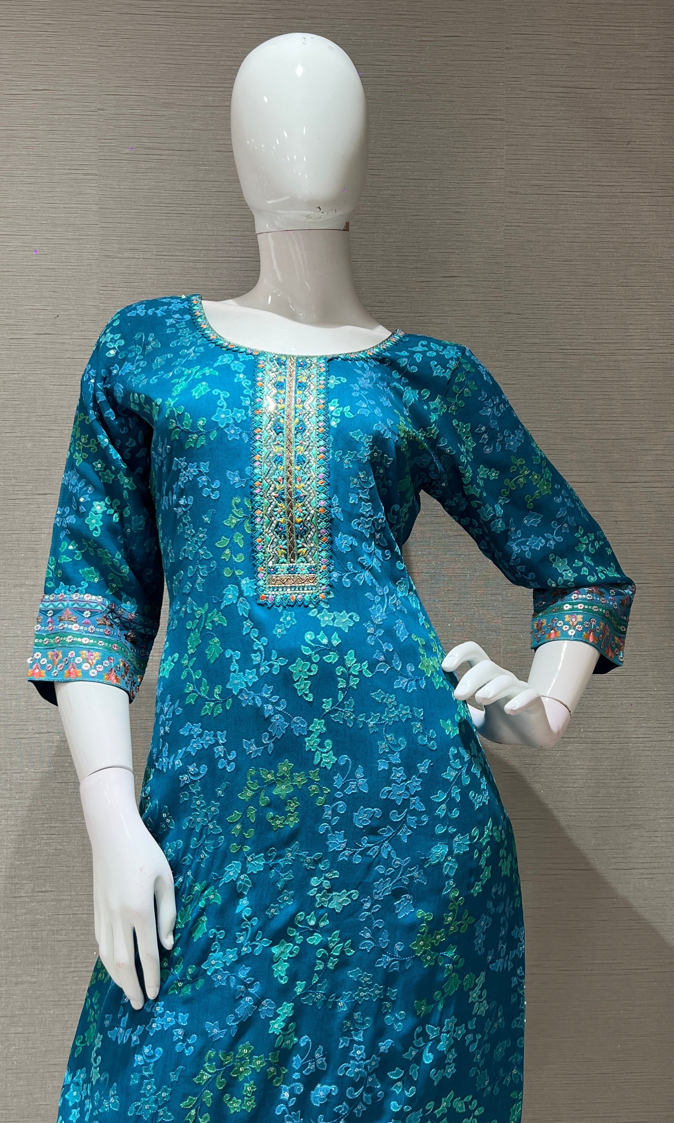 Sea green floral print kurta set