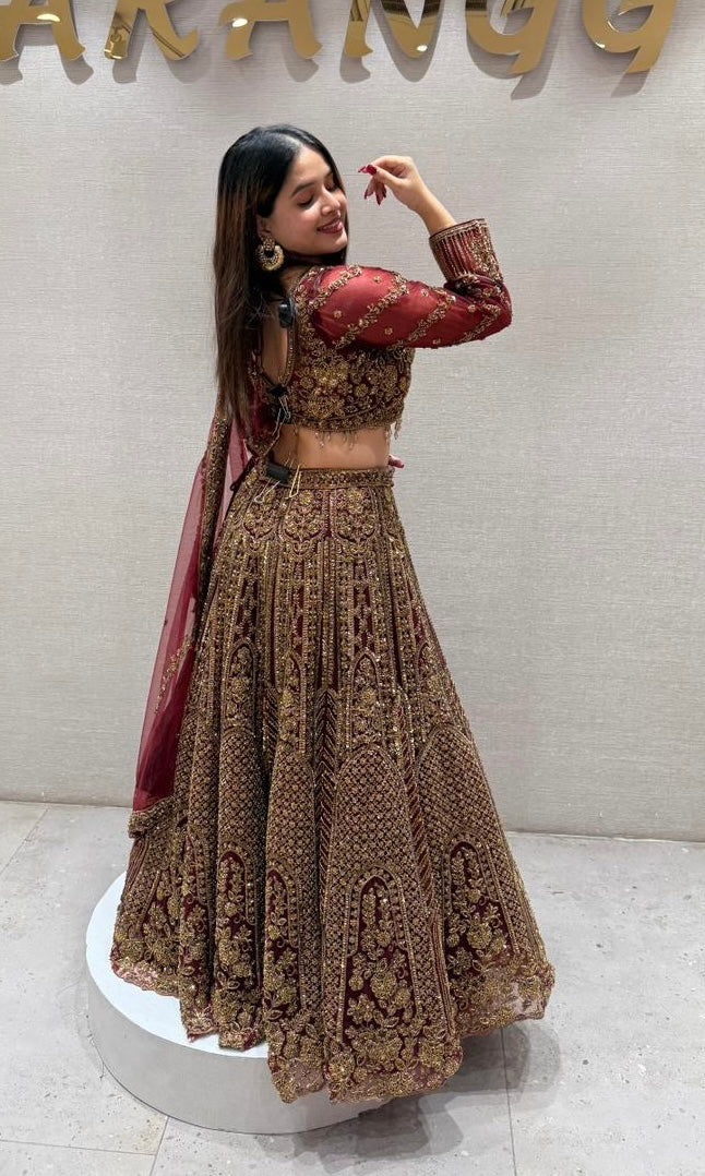 Deep red and gold lehenga