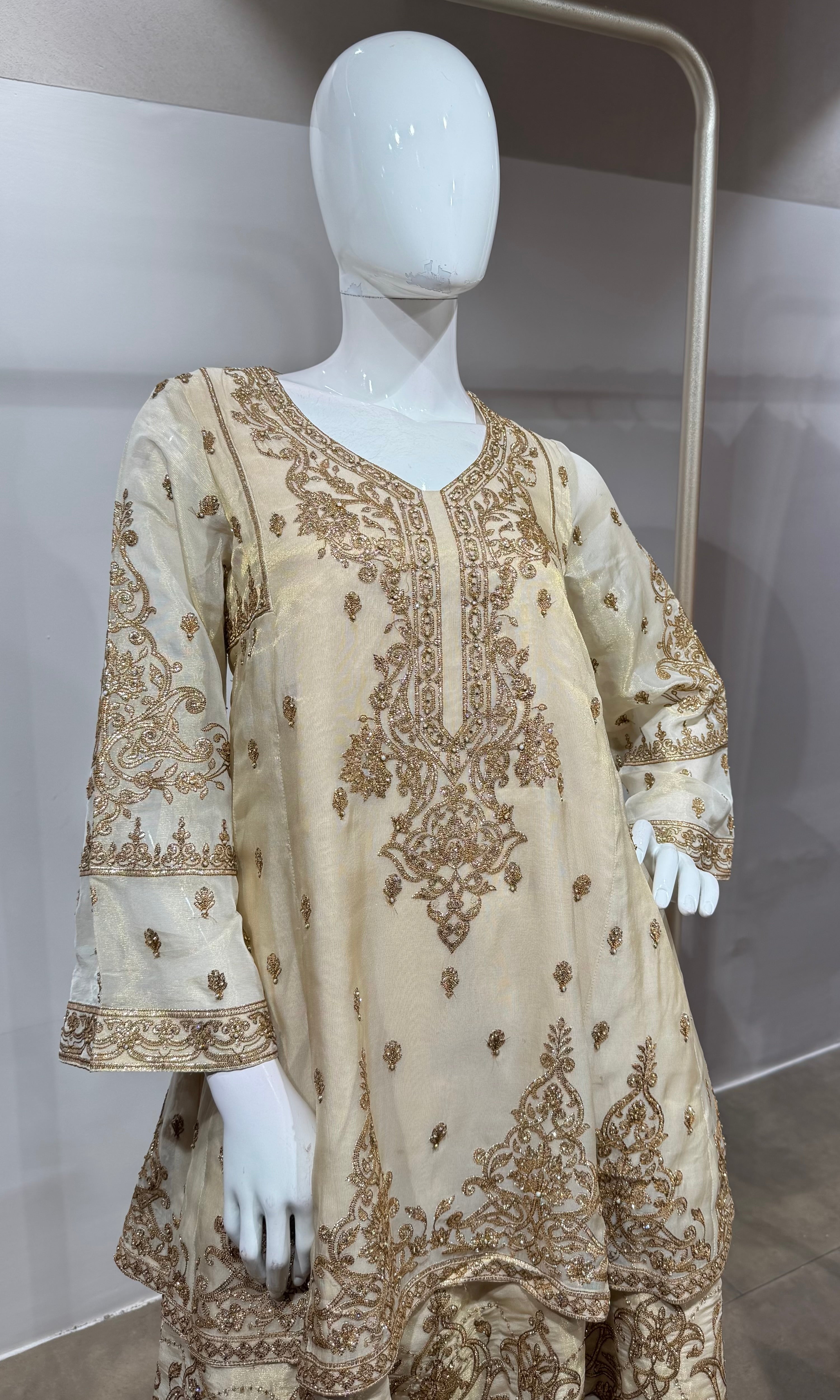 gold tissue suit with golden embroidery & straight pants