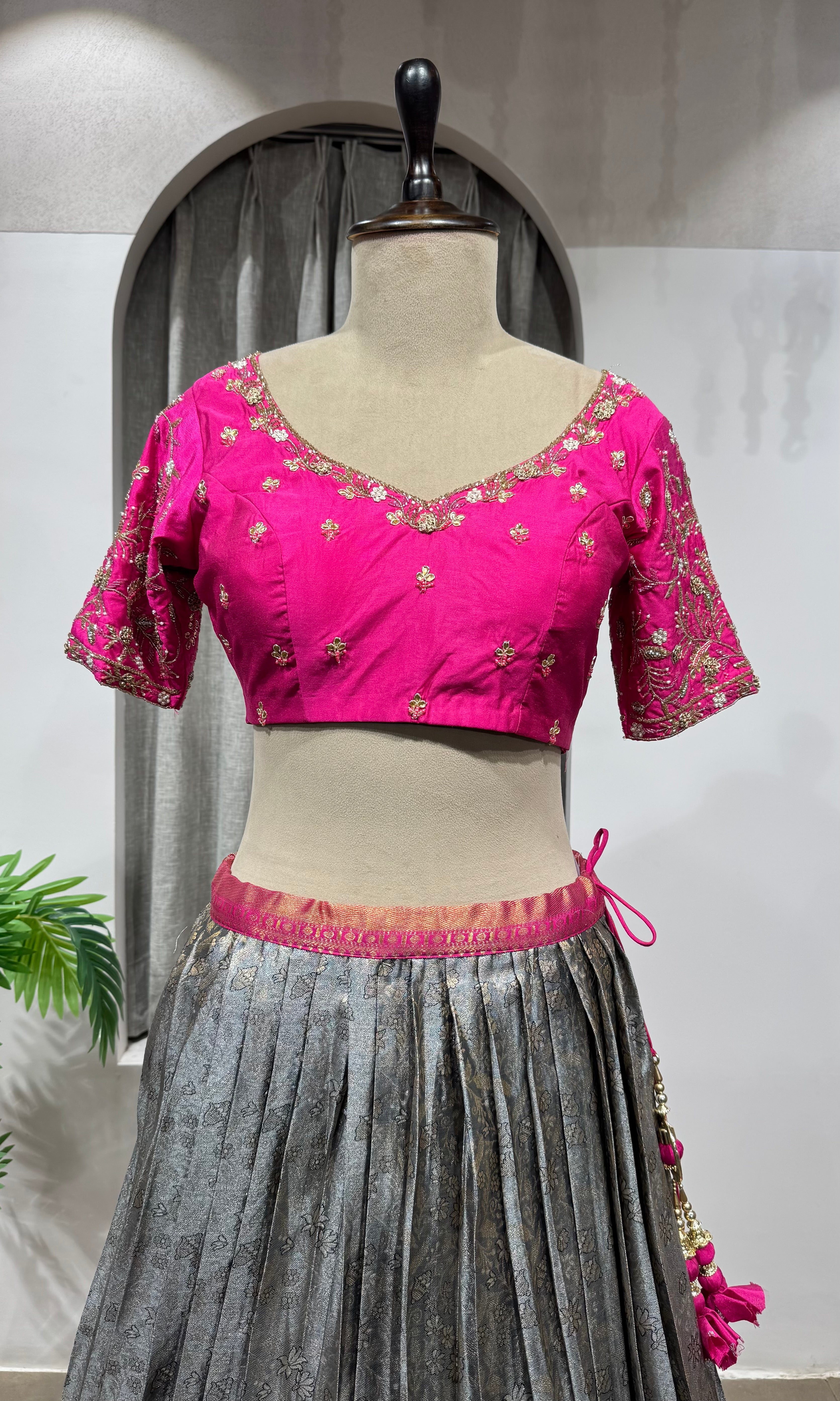 PINK AND GREY KANJIVARAM PATTU LEHENGA