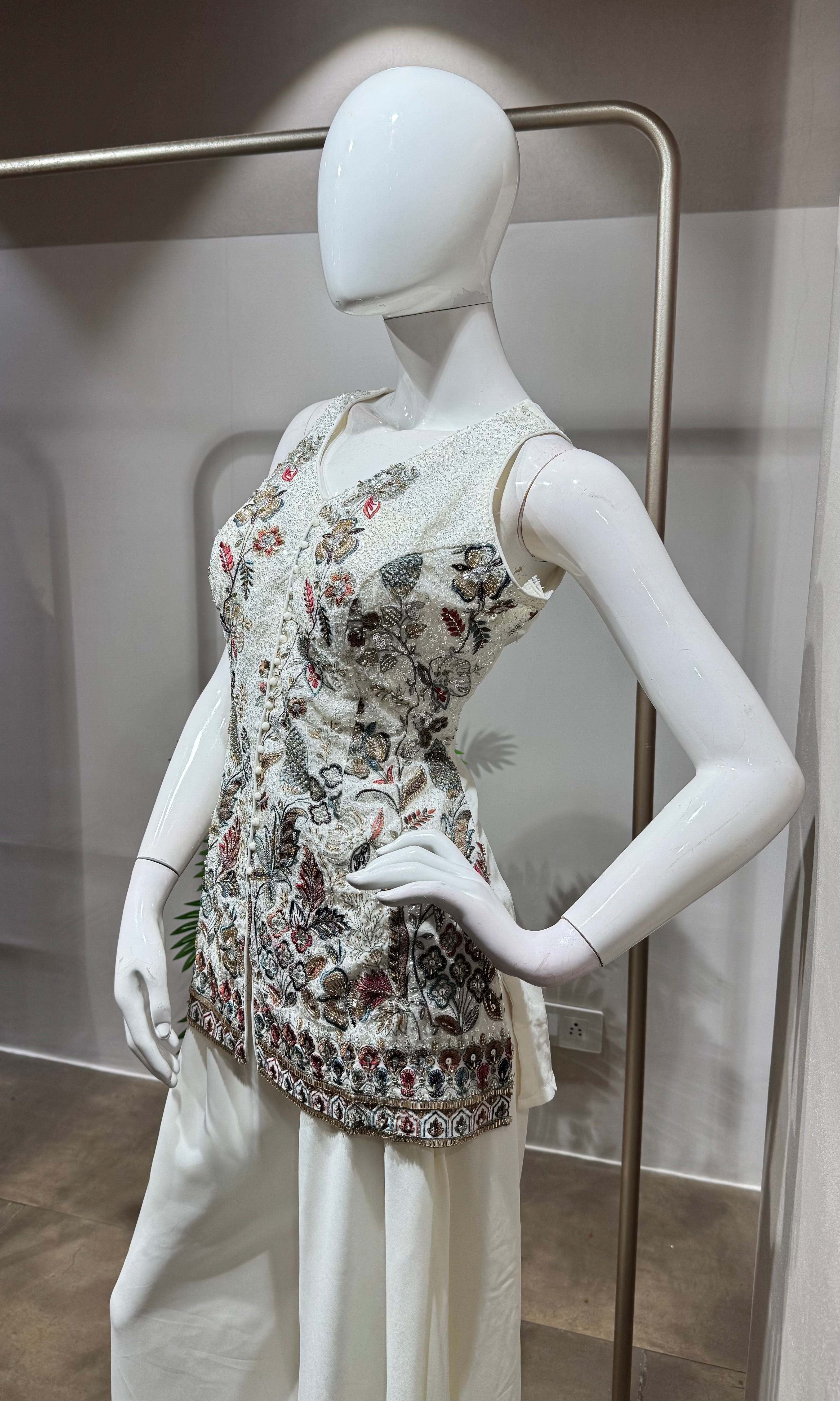 white embroidered kurti with palazzo set