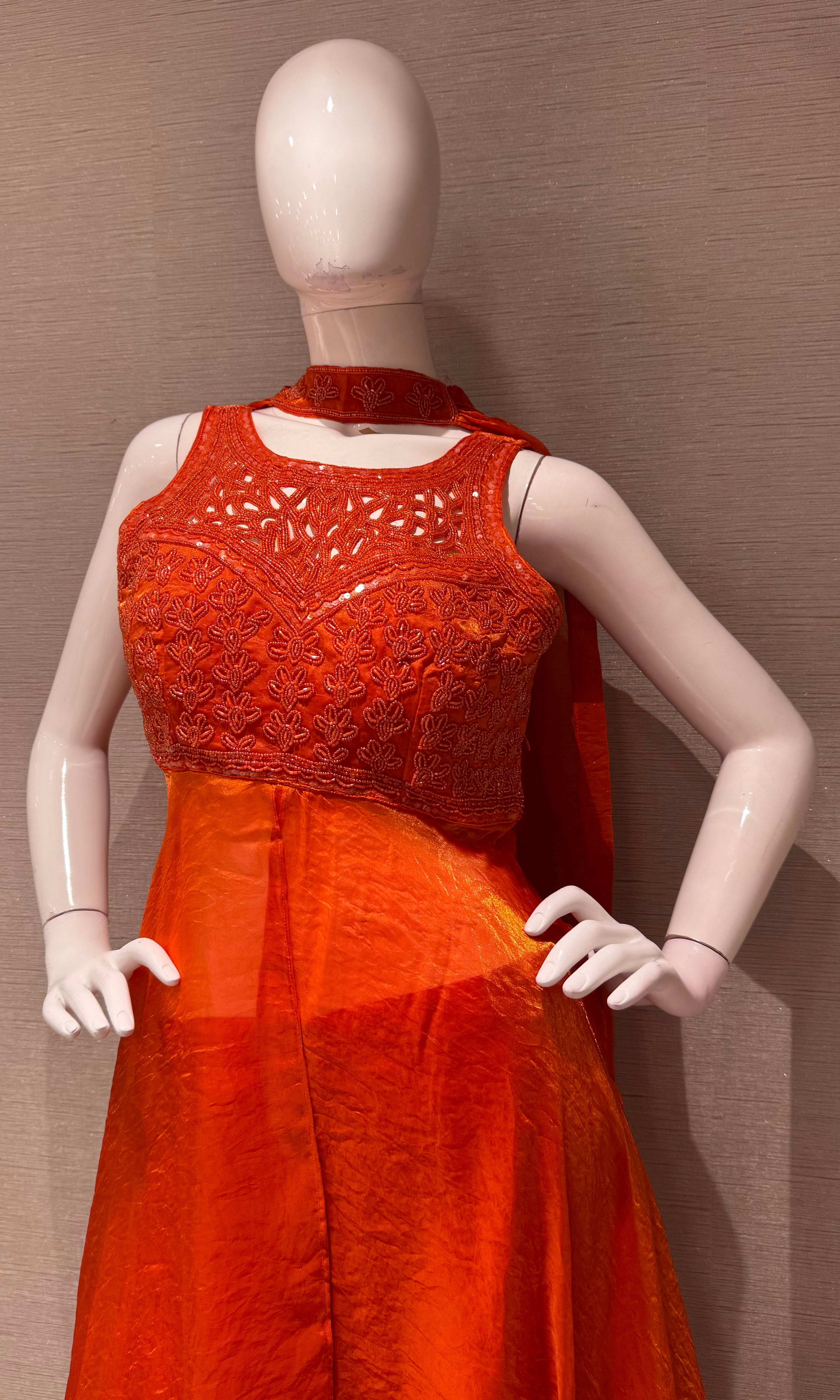Rust Embroidered front slit anarkali with palazzo pants