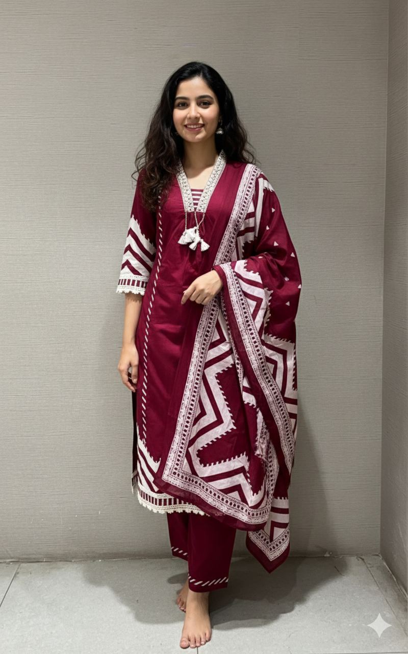 Maroon kurta set WITH WHITE LACE EMBROIDERY