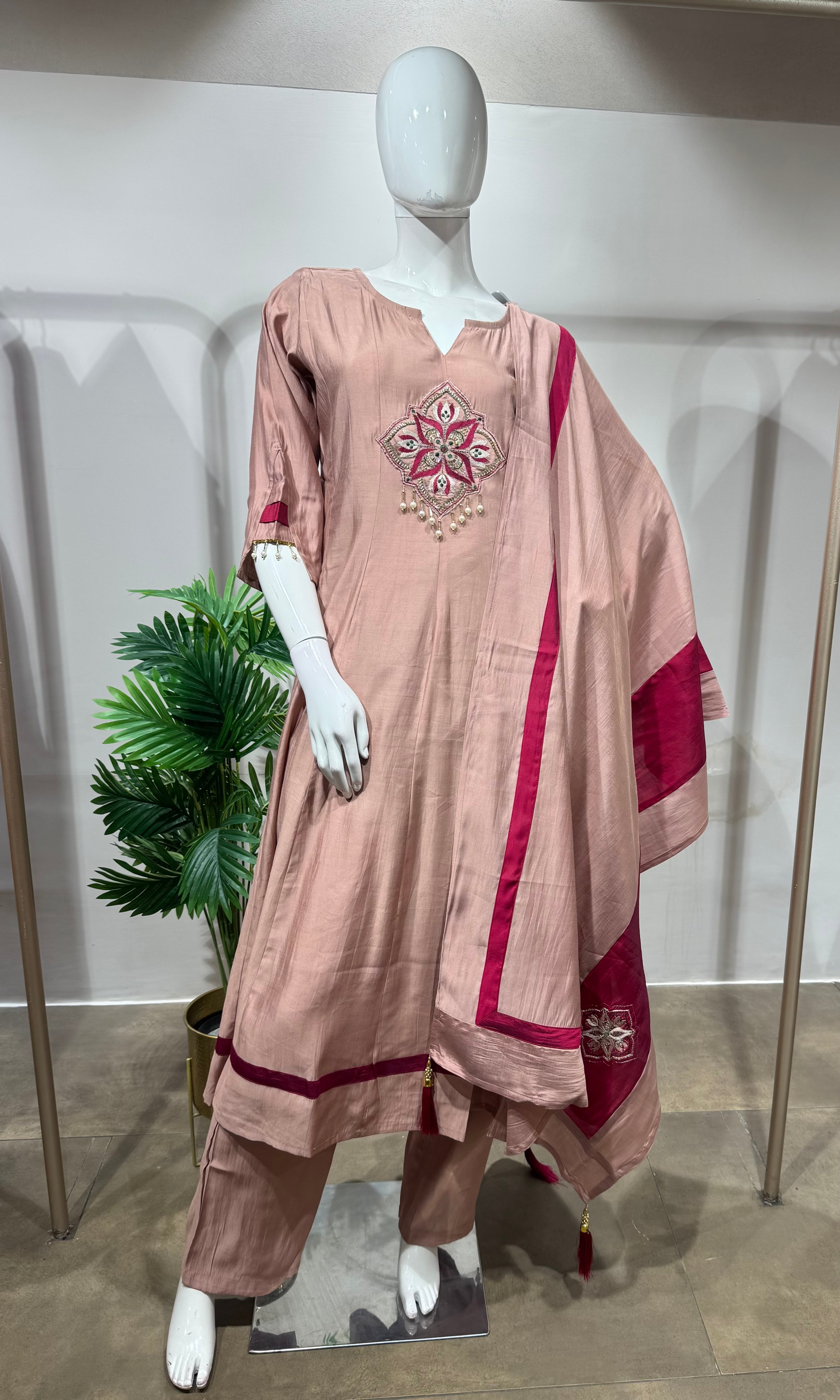 Beige Rose Silk Straight Kurta Set