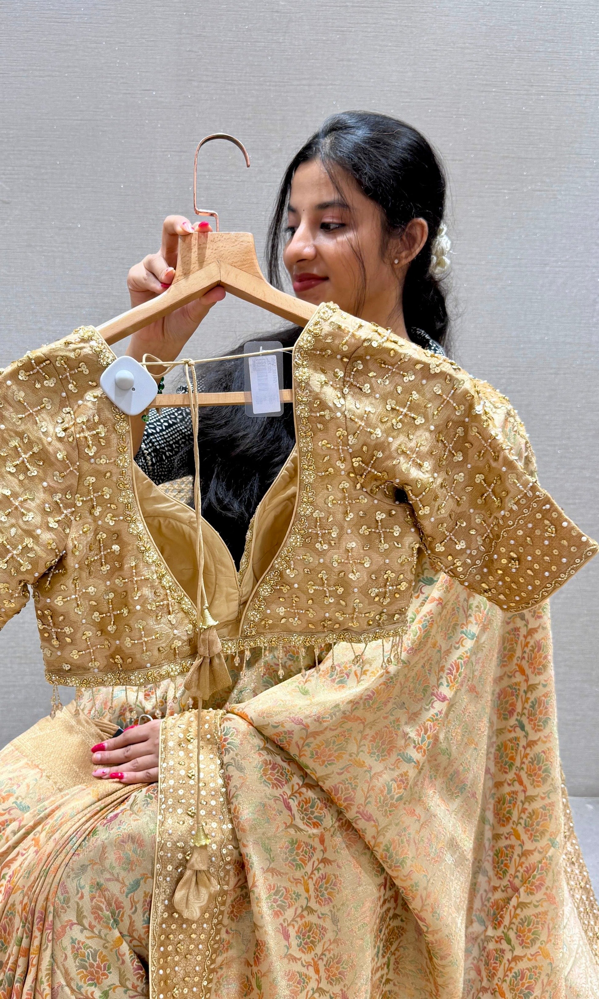 Golden Peach Banarasi saree with ready blouse