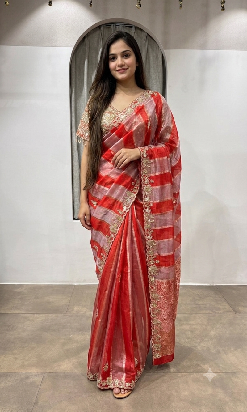 RED Leheriya saree with embroidered blouse