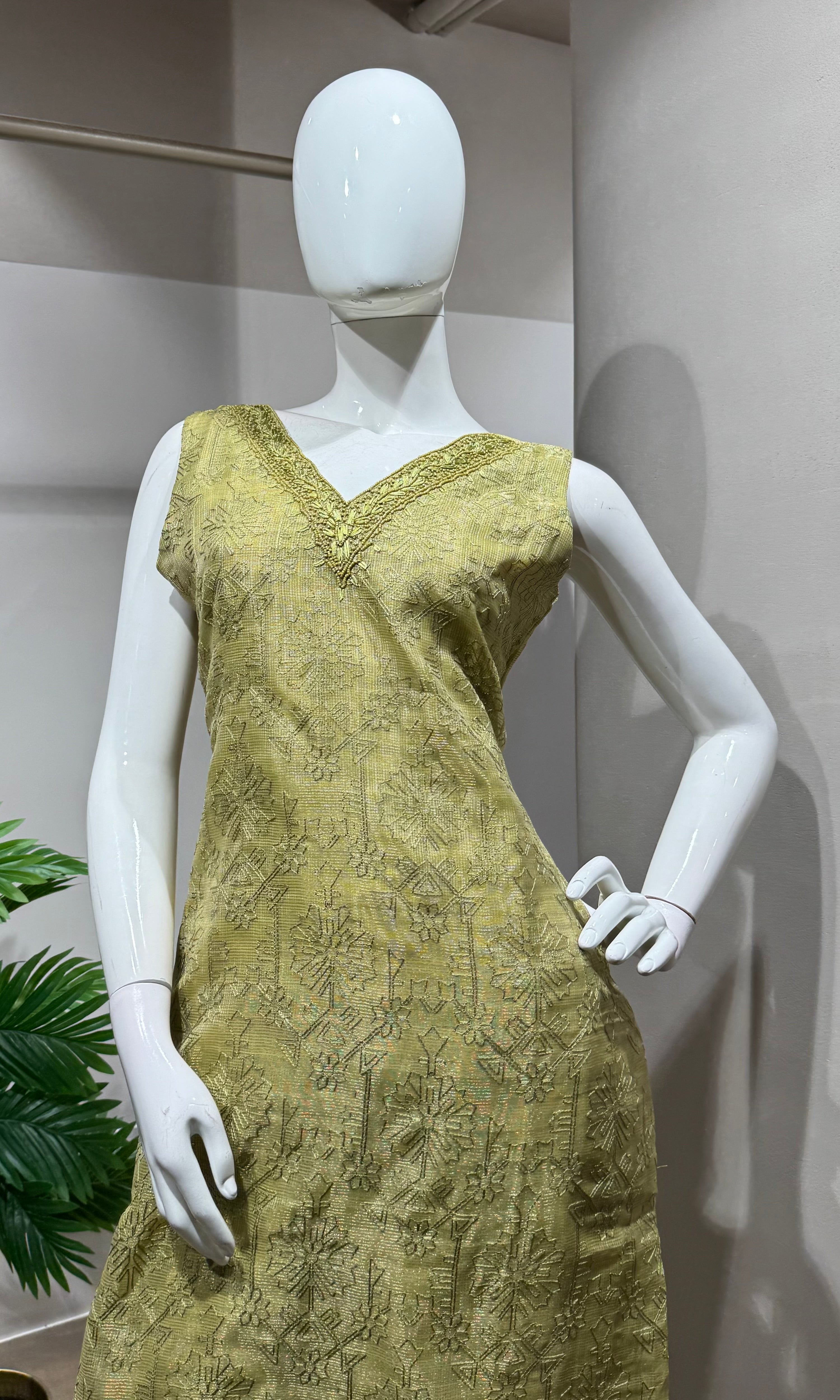 mehandi green embroidered tissue kurta set