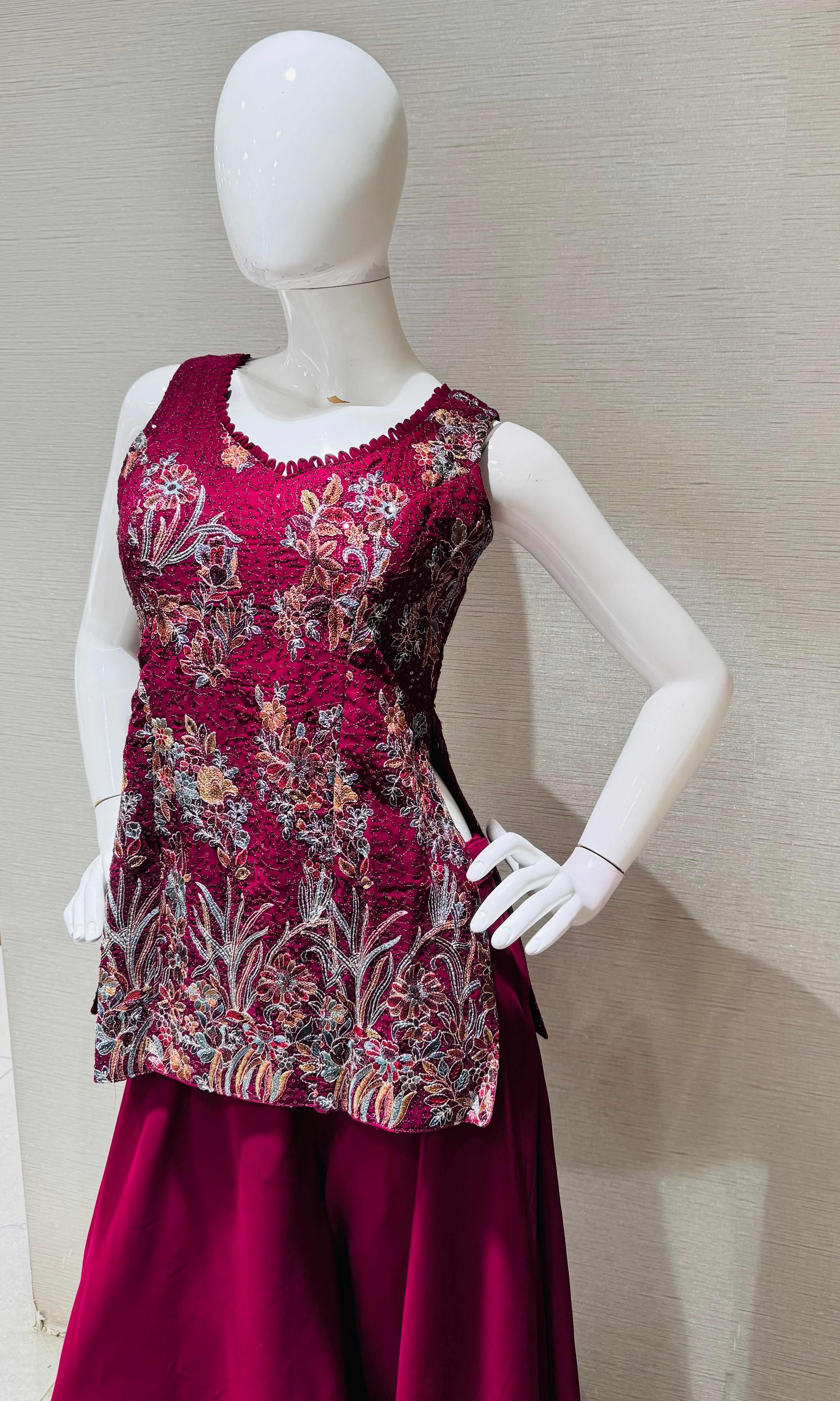 Wine floral zari georgette Palazzo set