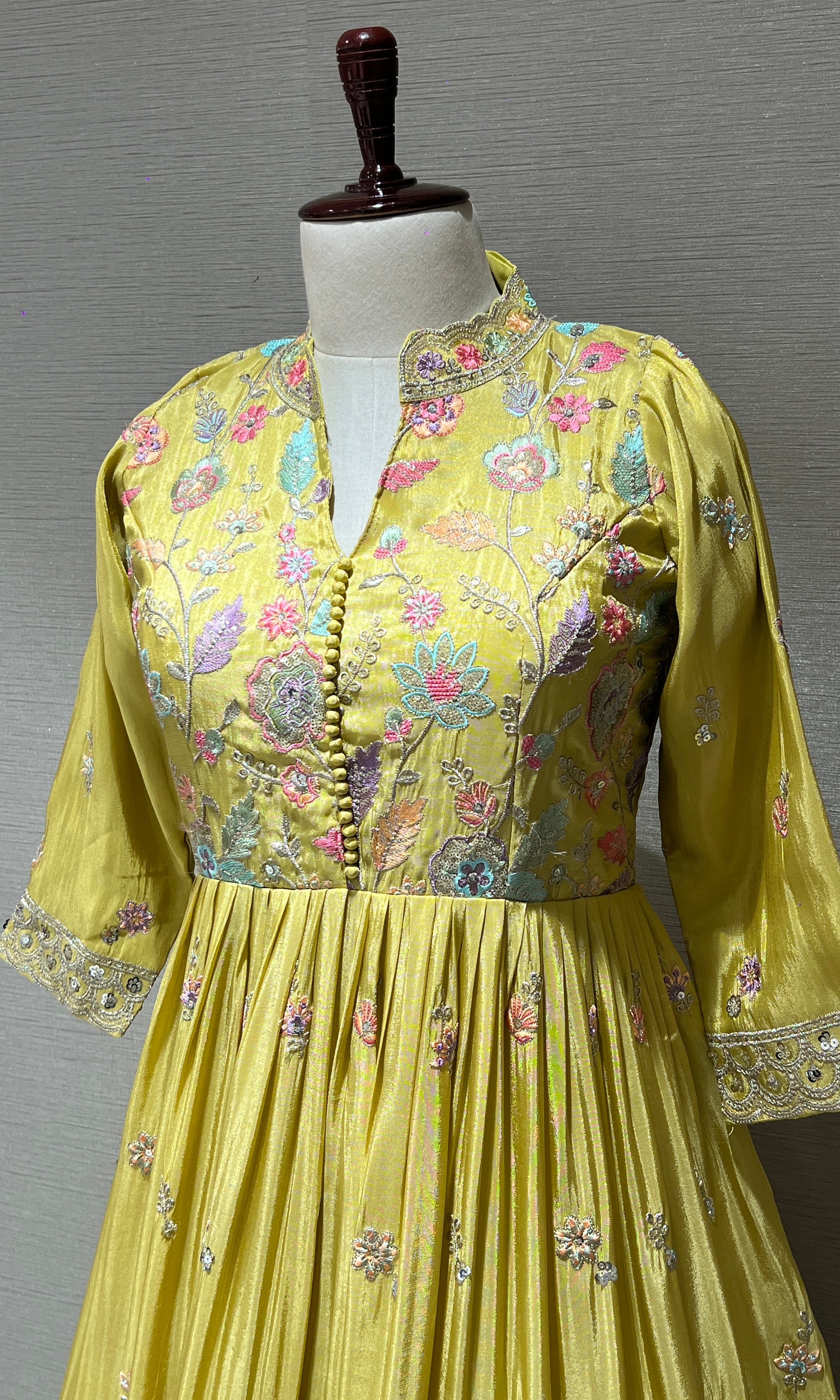 Light Yellow Anarkali Long Gown with Multicolor Floral Embroidery