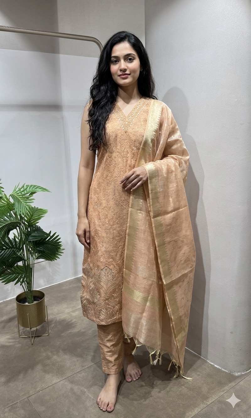 light peach tissue printed kurta set