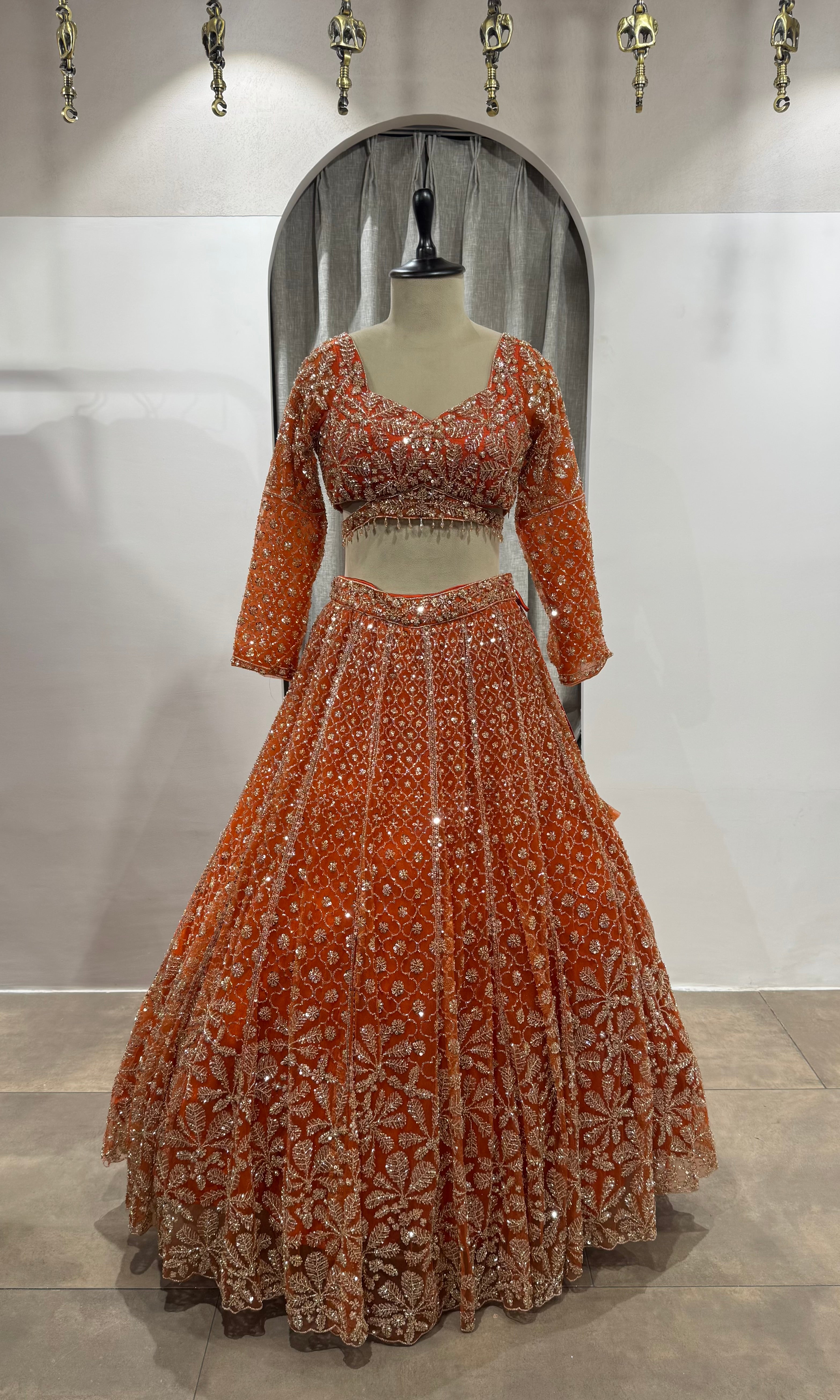 Rust Orange Embroidered Lehenga