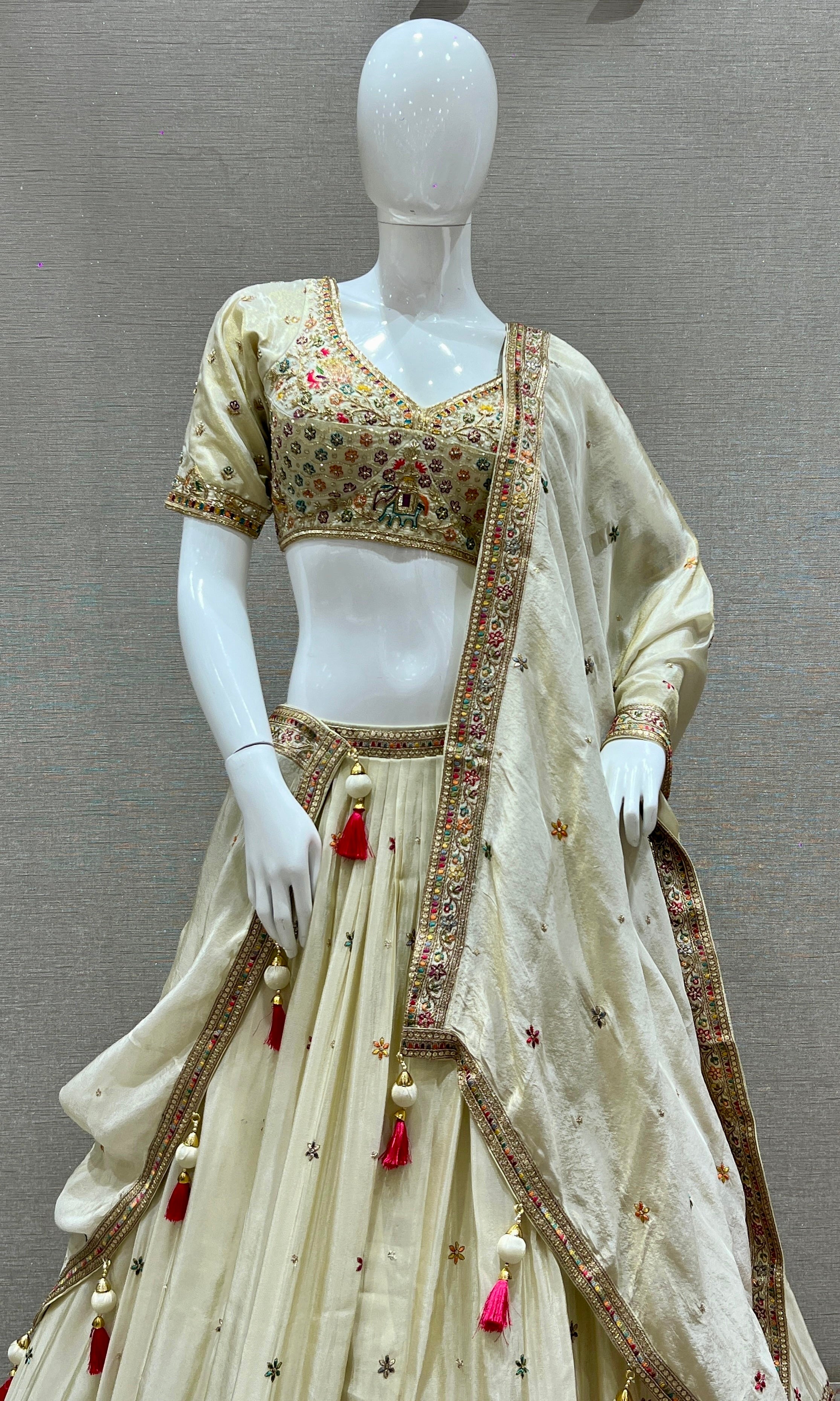 Vanika Vaatika β Cream Lehenga with Floral and Animal Embroidery Thread Work