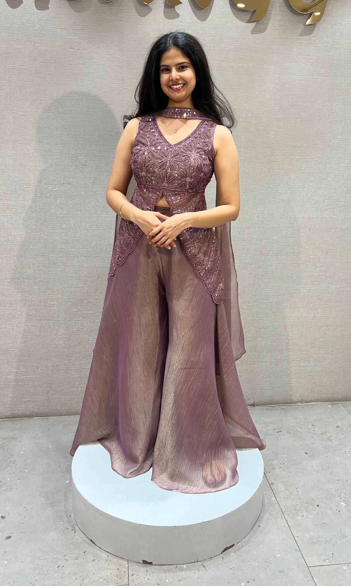 Mauve tissue Silk Palazzo Set with butterfly top & dupatta