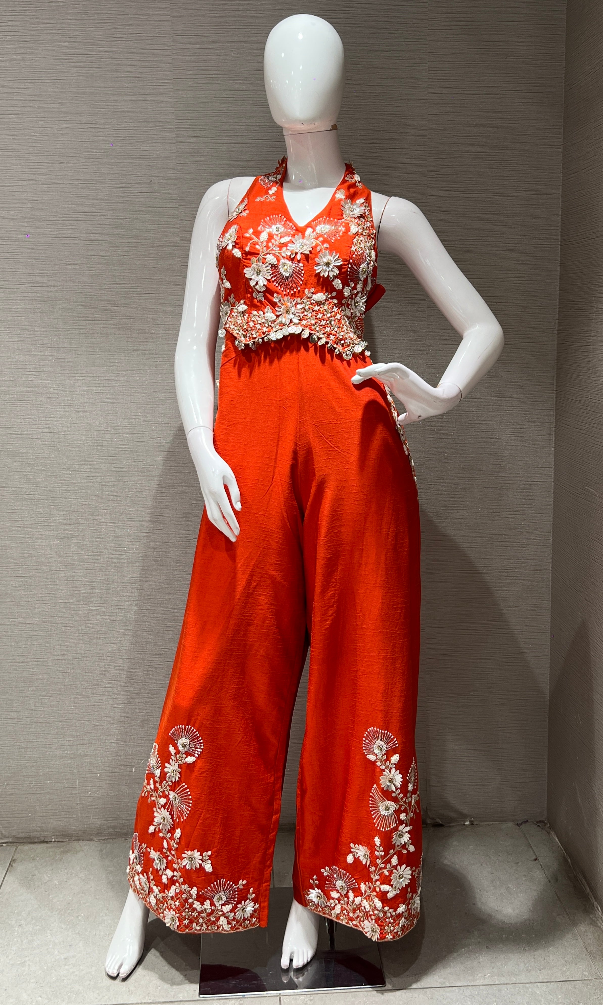 Orange FLOWER EMBROIDERY jumpsuit