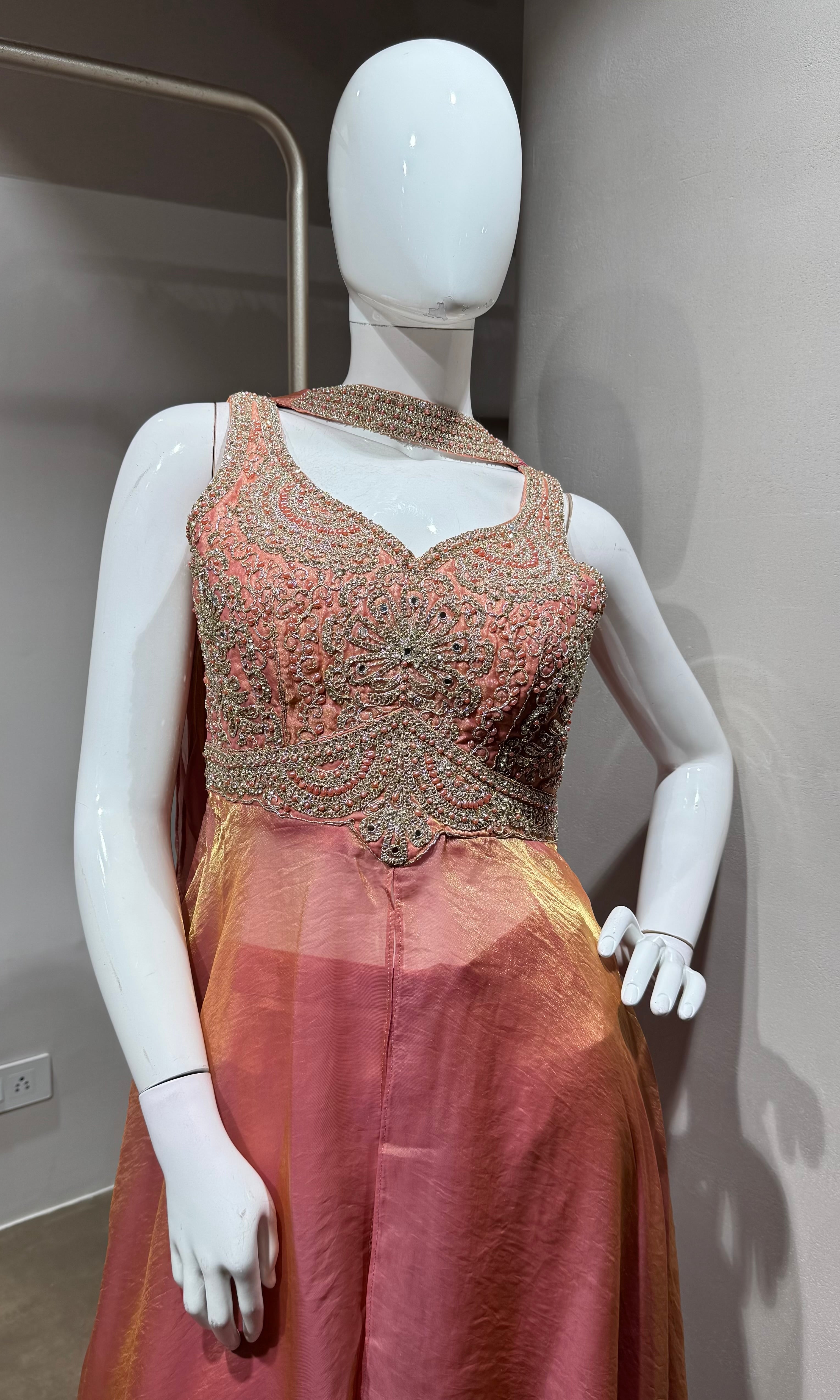 PEACH shimmer tissue embroidered palazzo set