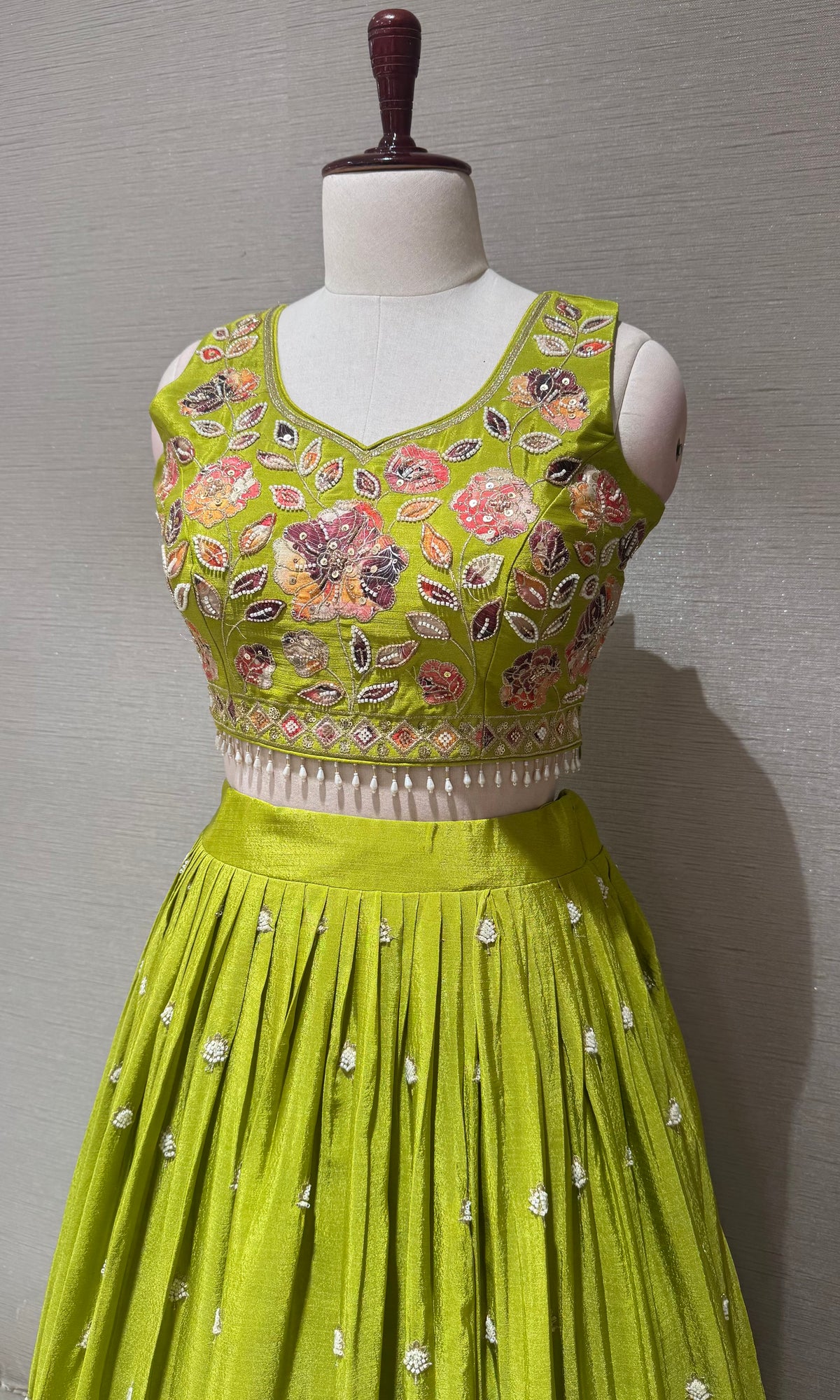 Green Tissue silk Multi Floral Crop Top Lehenga set
