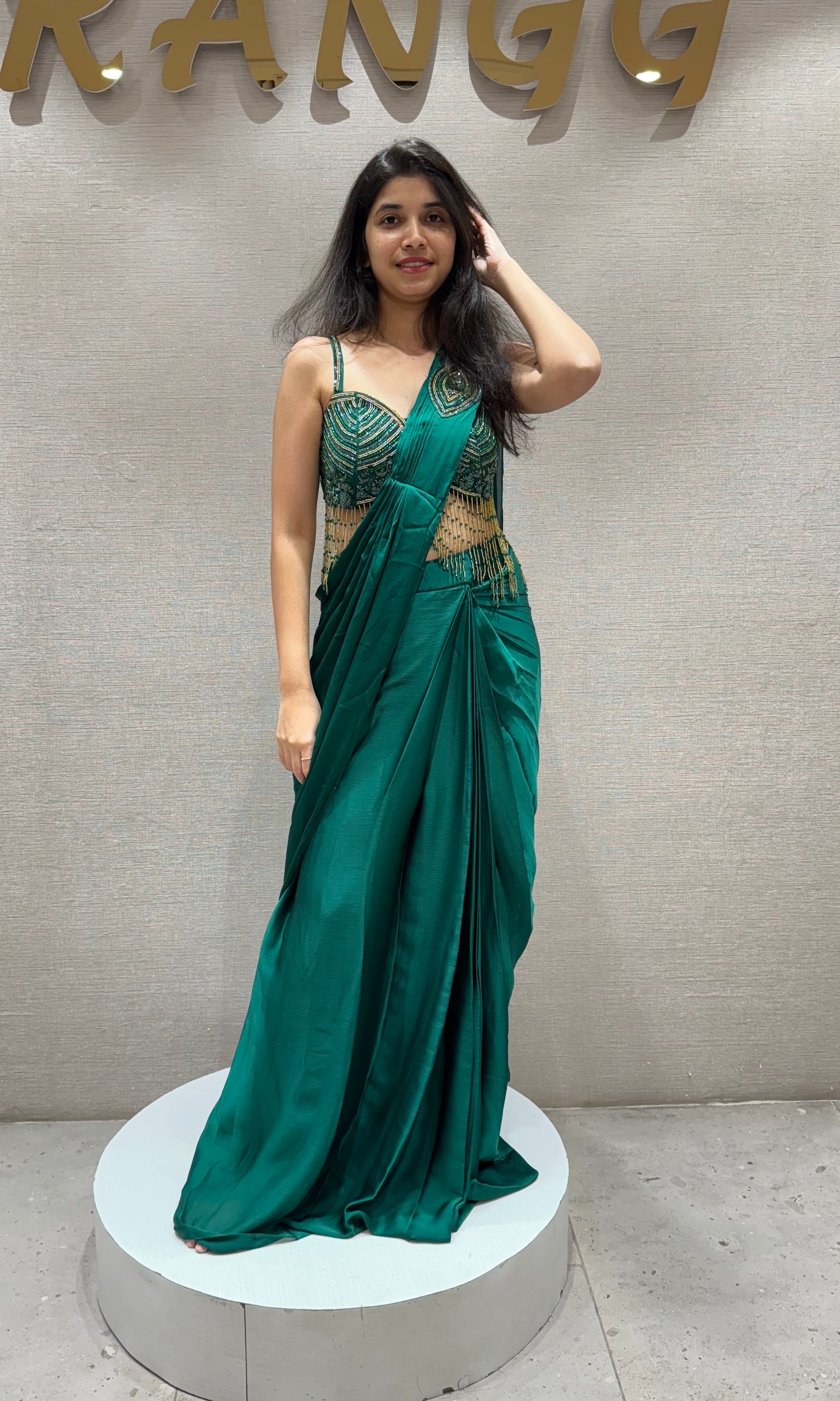 Green DRAPE SAREE WITH CORSET BLOUSE