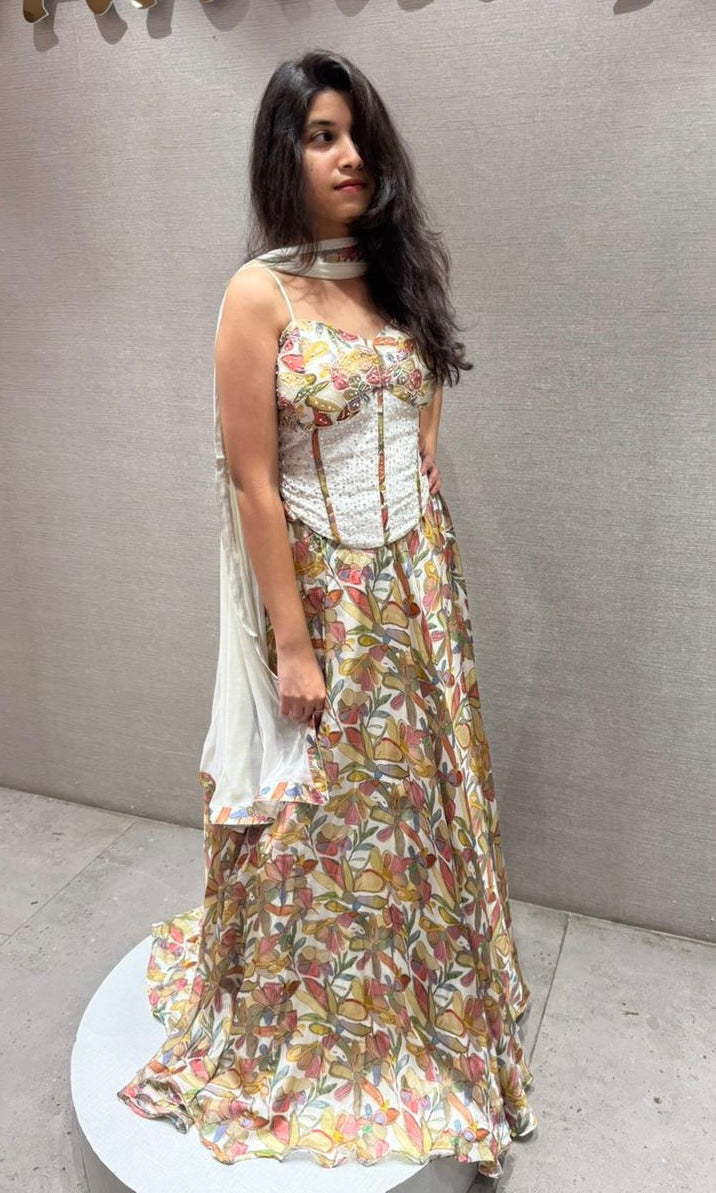 FLORAL LEHENGA WITH WHITE CORSET BLOUSE