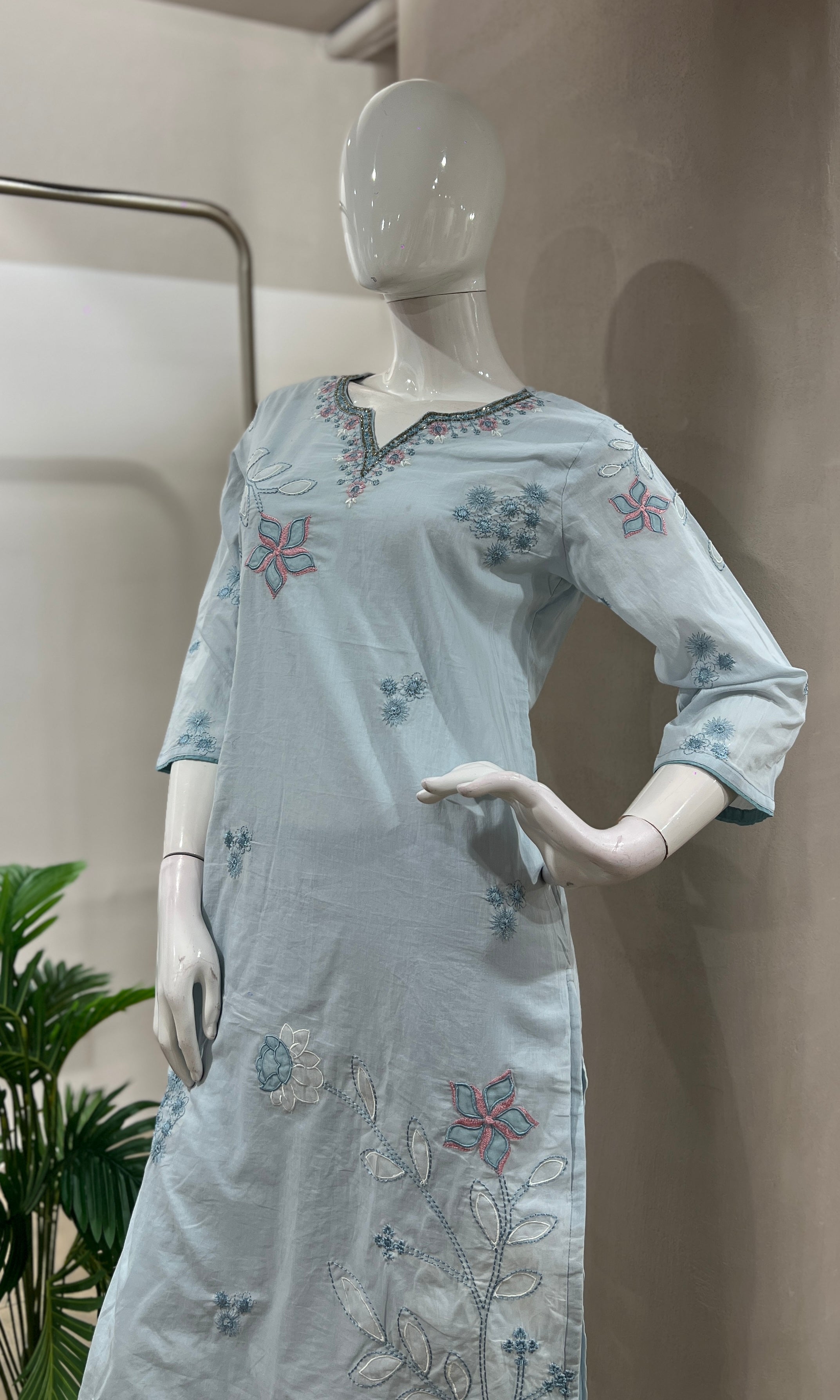 BLUE FLORAL MOTIFS COTTON KURTA SET