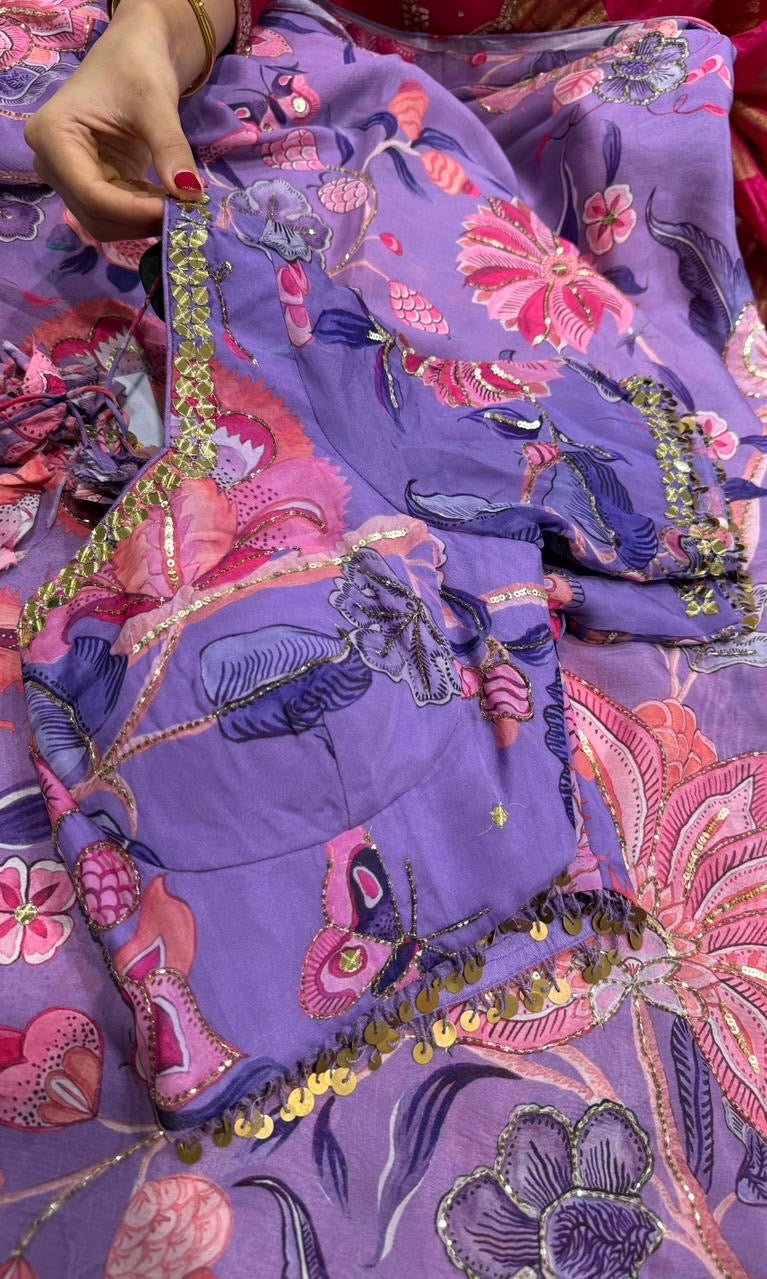 Purple floral saree with ready blouse