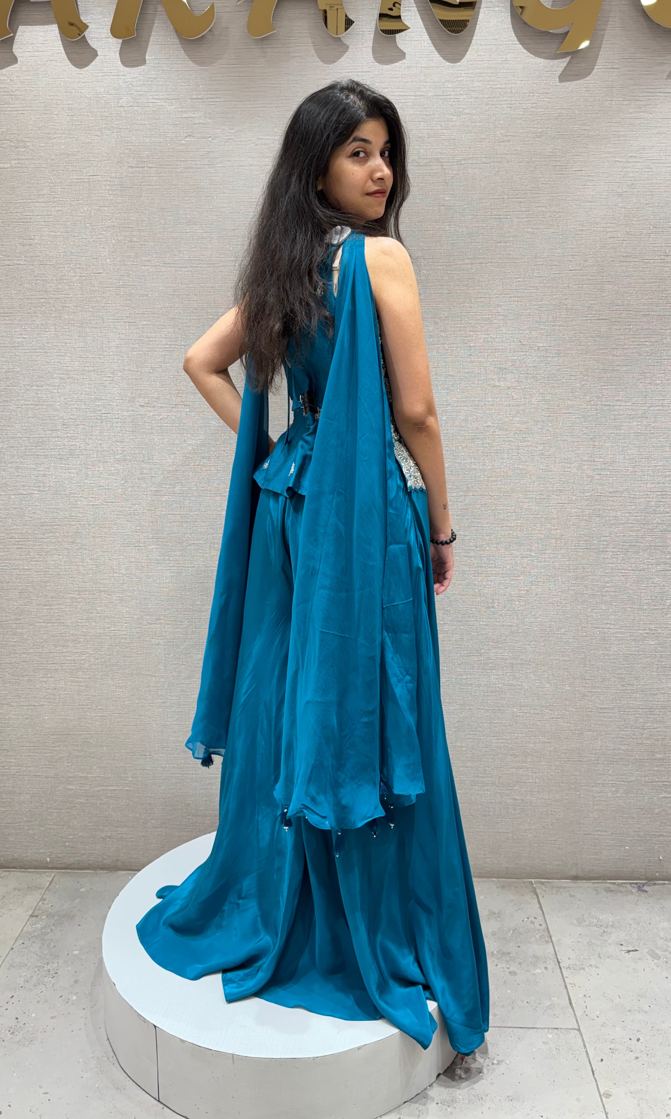 Rama blue EMBROIDERED PEPLUM PALAZZO SET