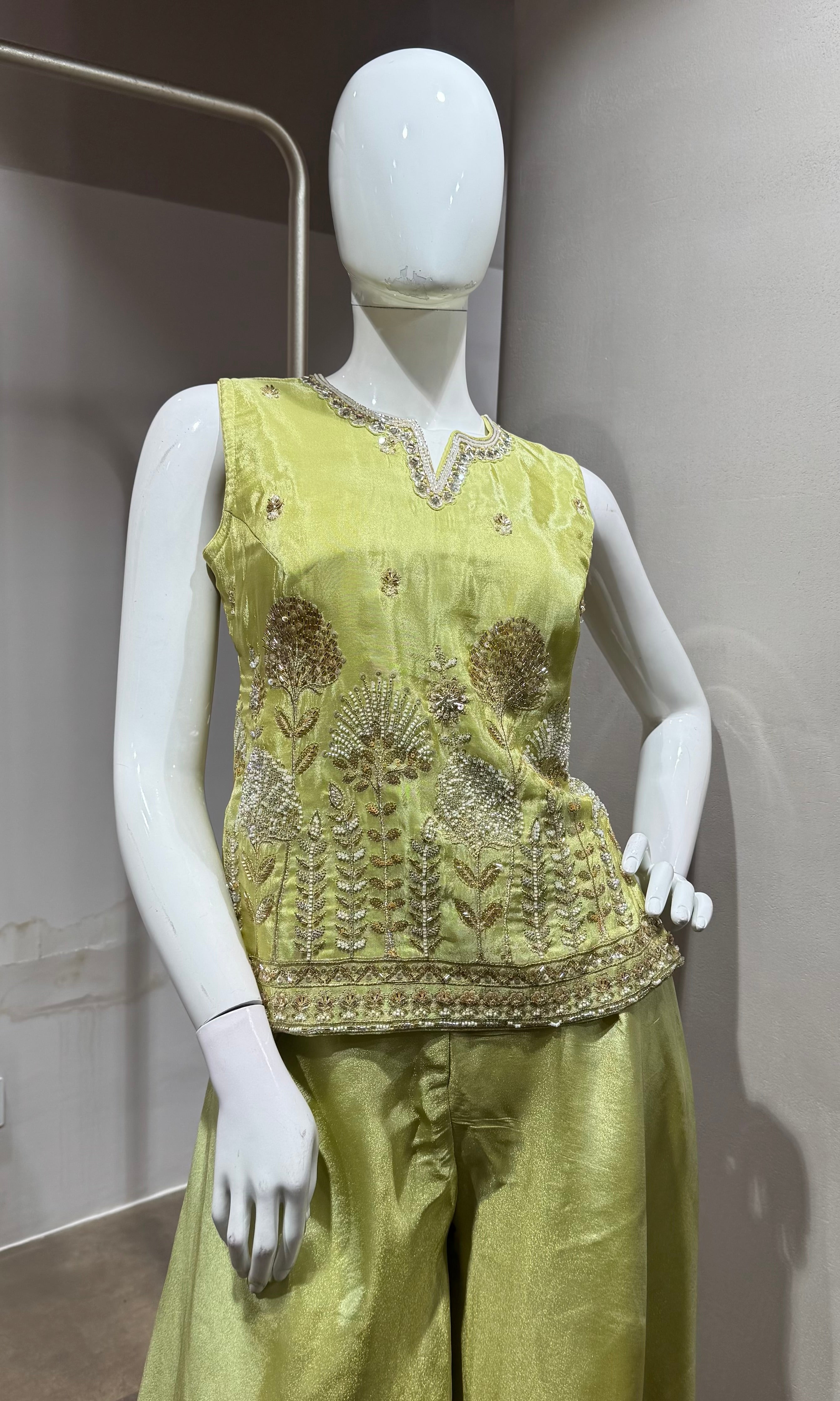 Pista green embroidered peplum palazzo set