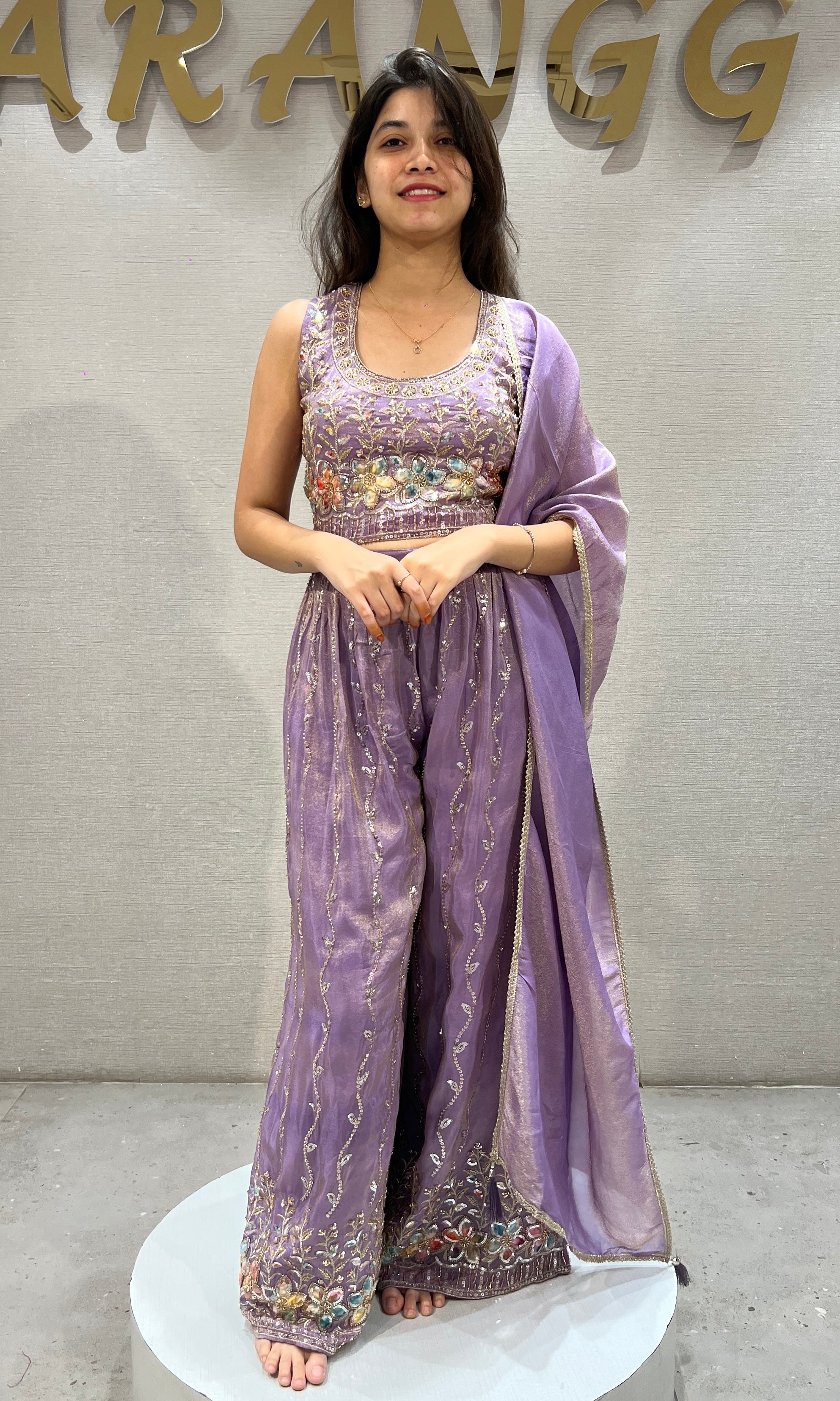 Lilac Embroidered Crop Top Palazzo & Dupatta Set