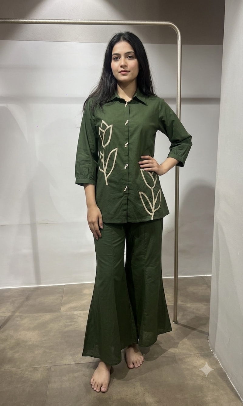 Mehandi green Floral motif cord set