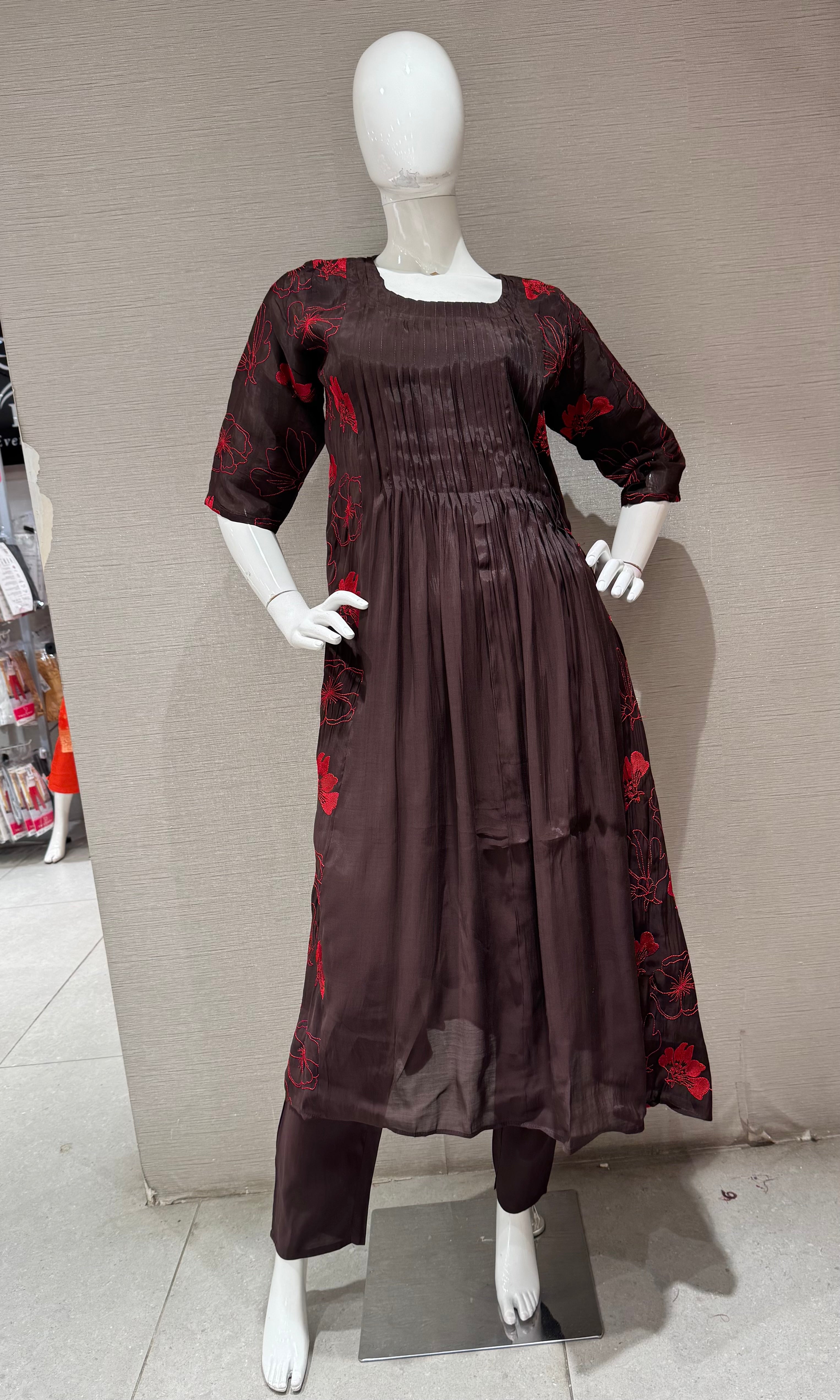 Deep Brown Floral Mul chanderi Kurta Set with Dupatta