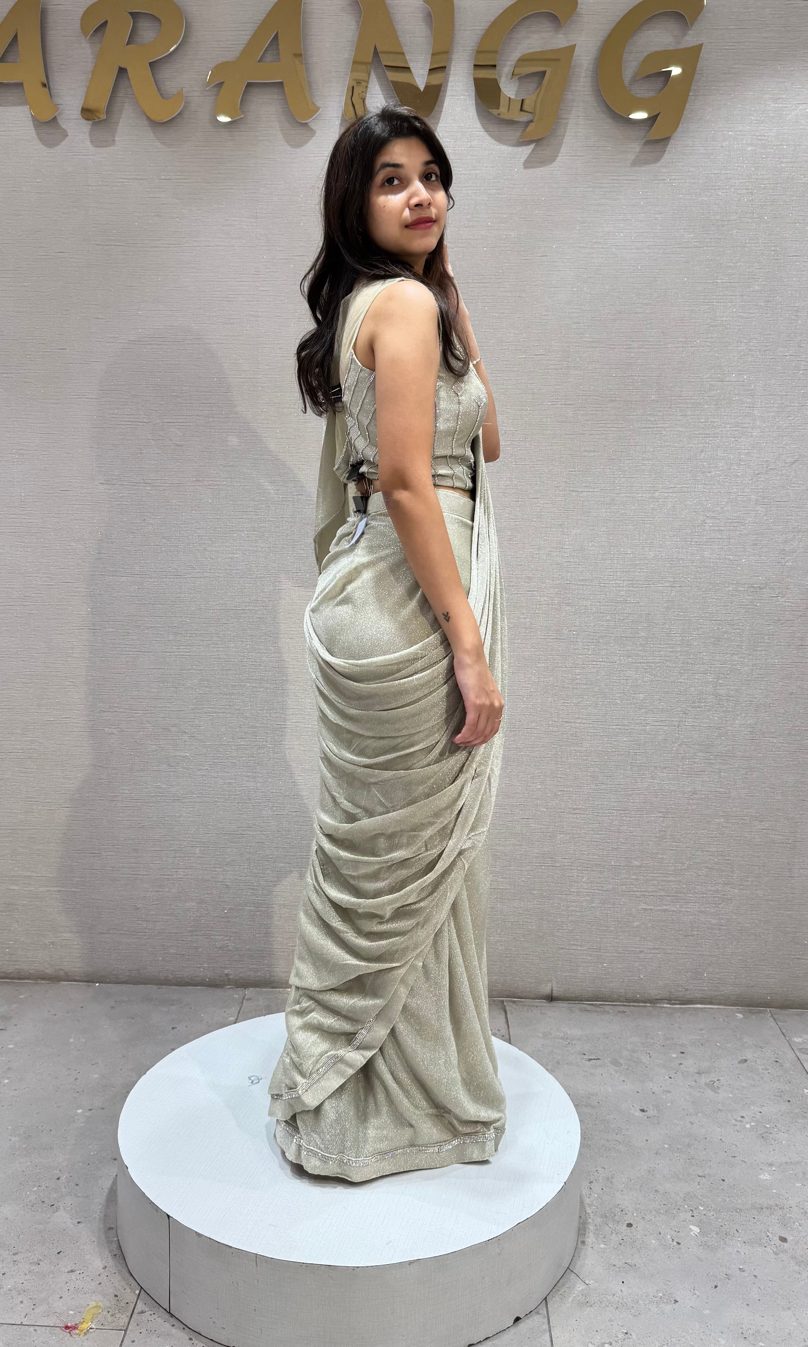 Pista green silver draped saree set