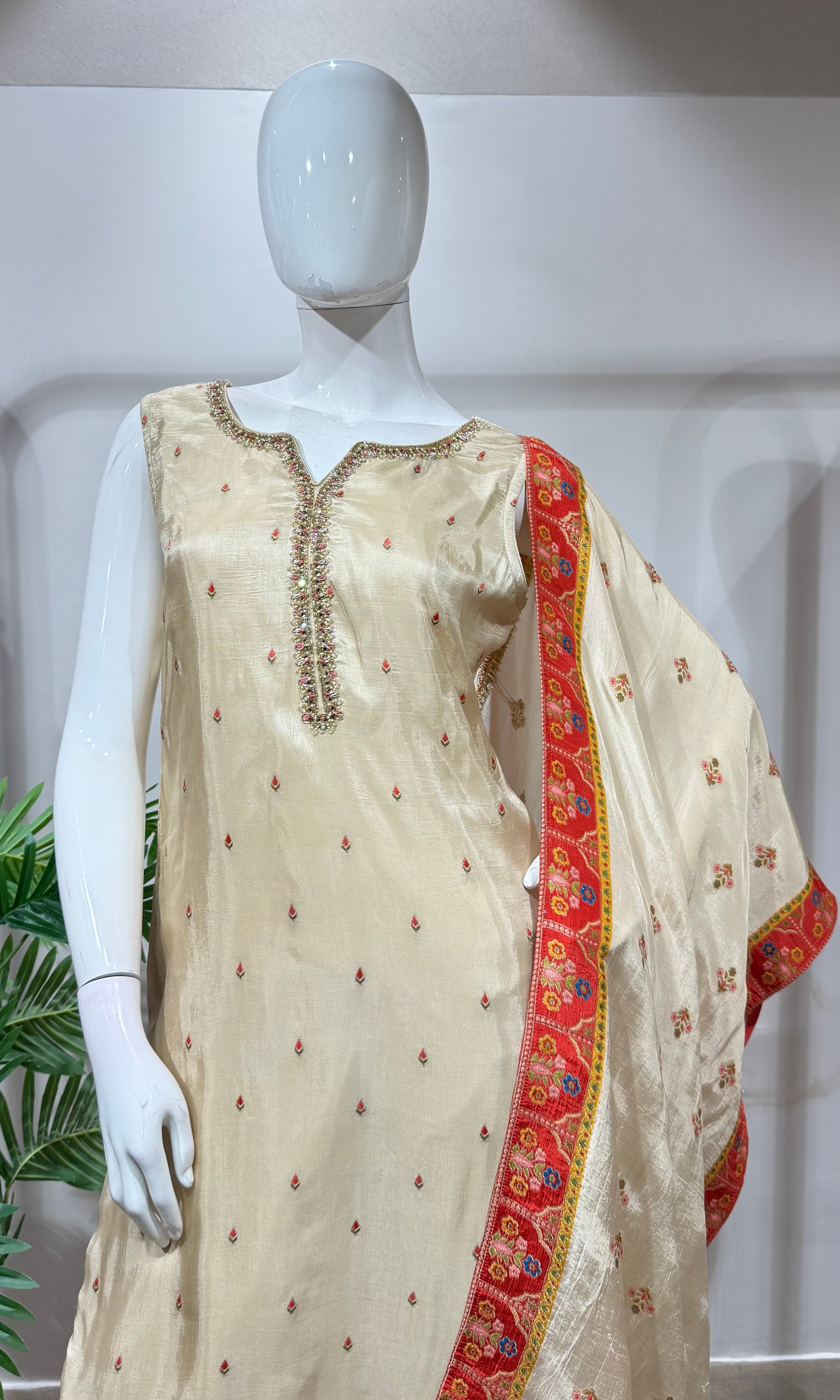 Royal Cream Silk Embroidered straight cut