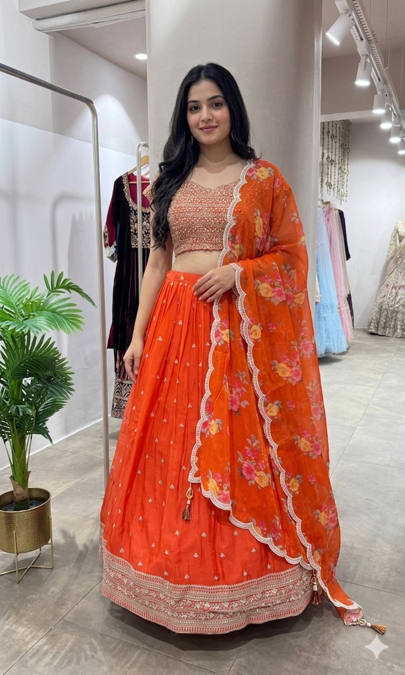 Vibrant Orange Floral Lehenga Set
