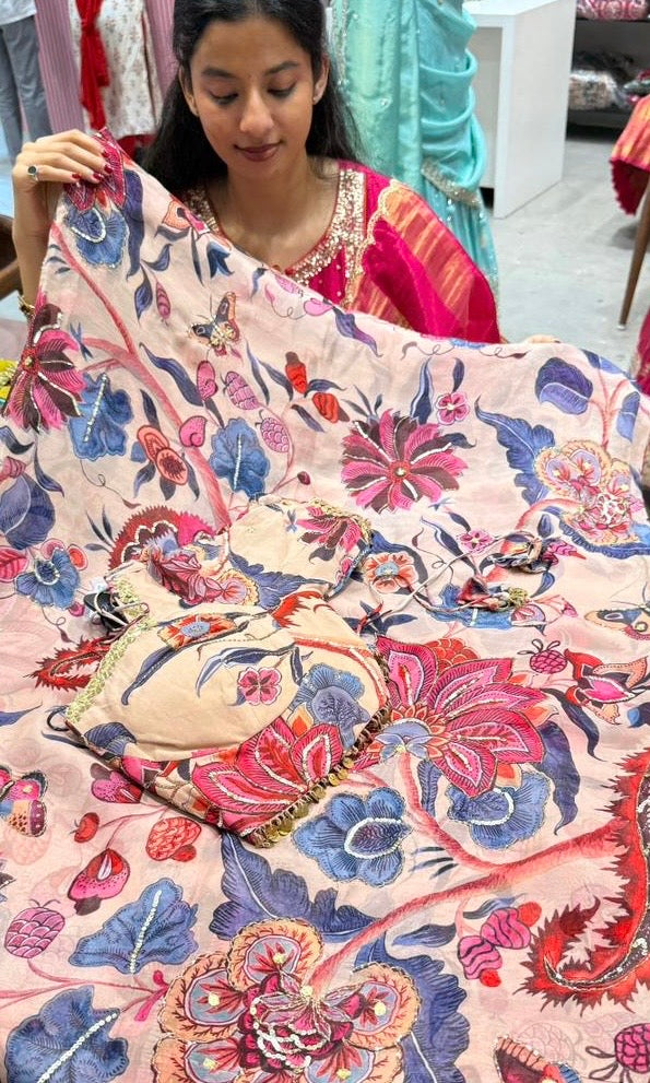 Peach pink saree with ready blouse