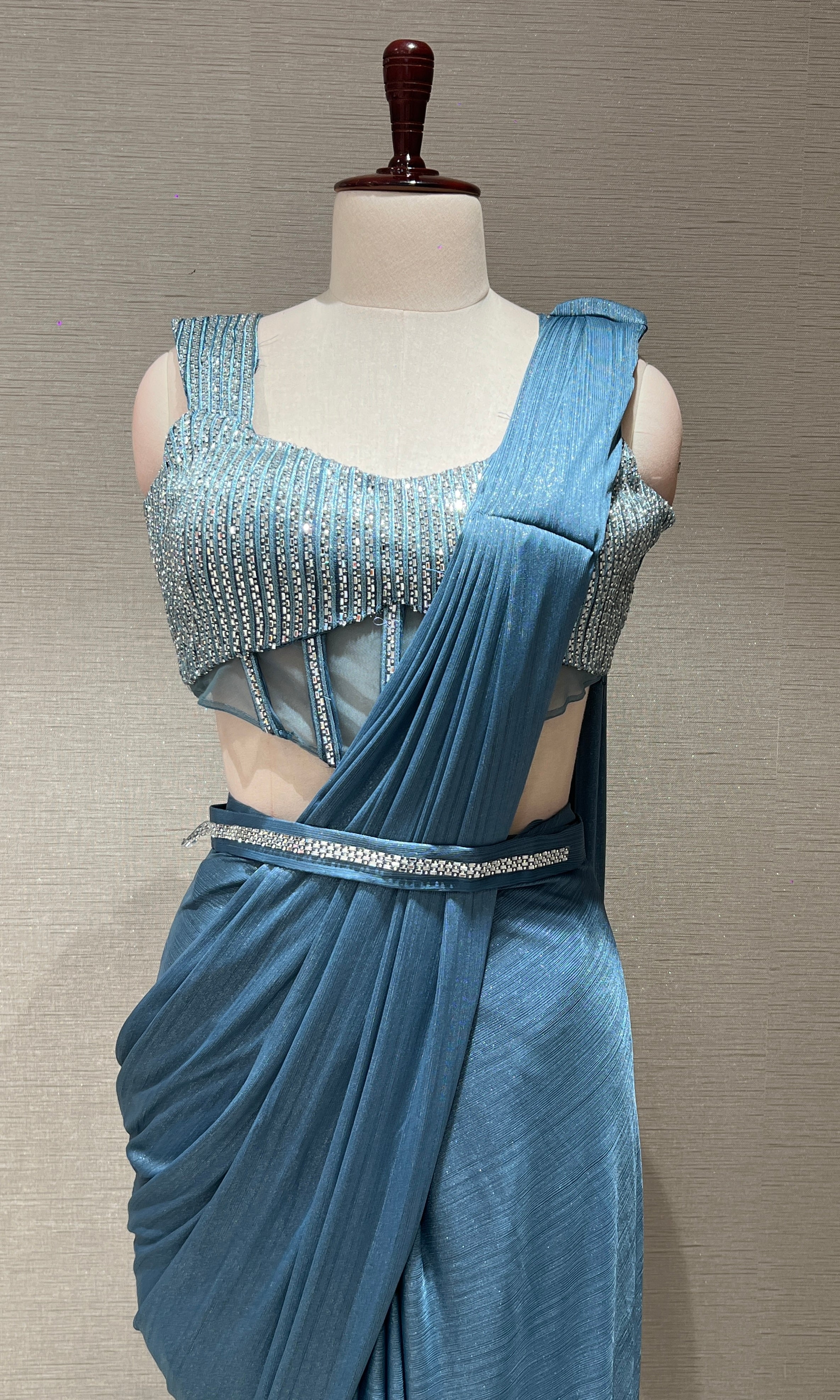 Sea blue drape saree WITH BLOUSE AND BELT