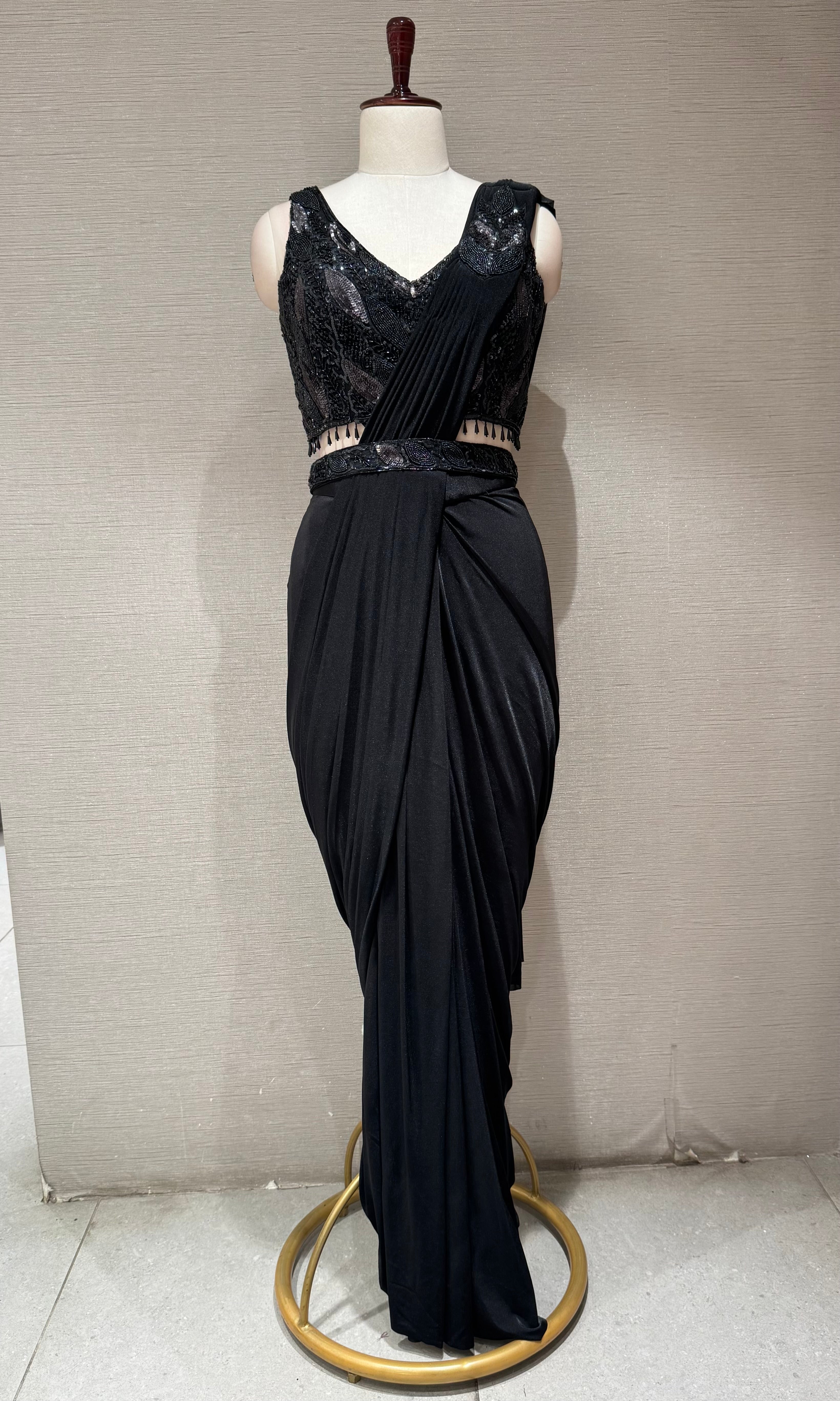 Black Draped Saree with Embellished Blouse